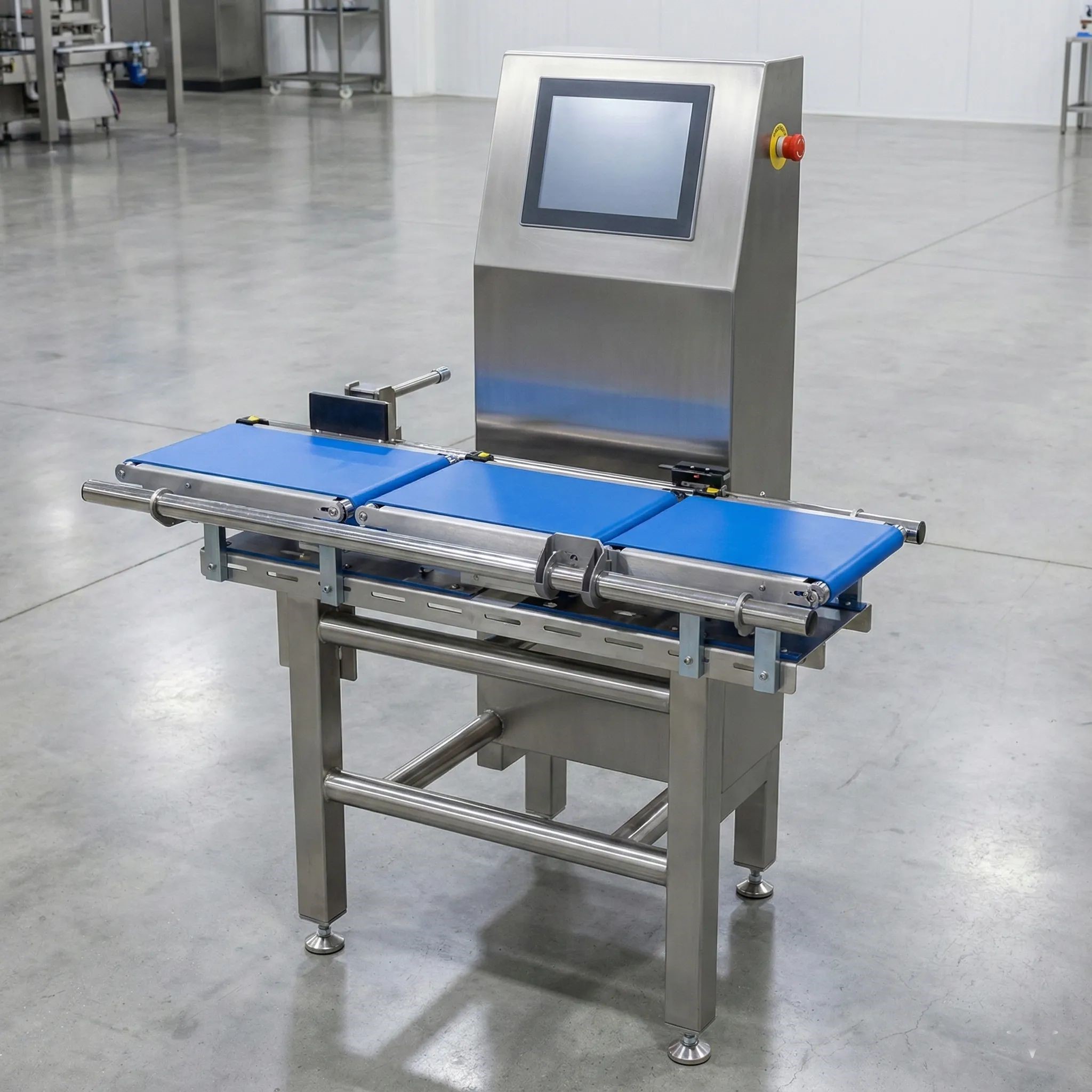 Automatic checkweigher verifying package weight on high-speed food line