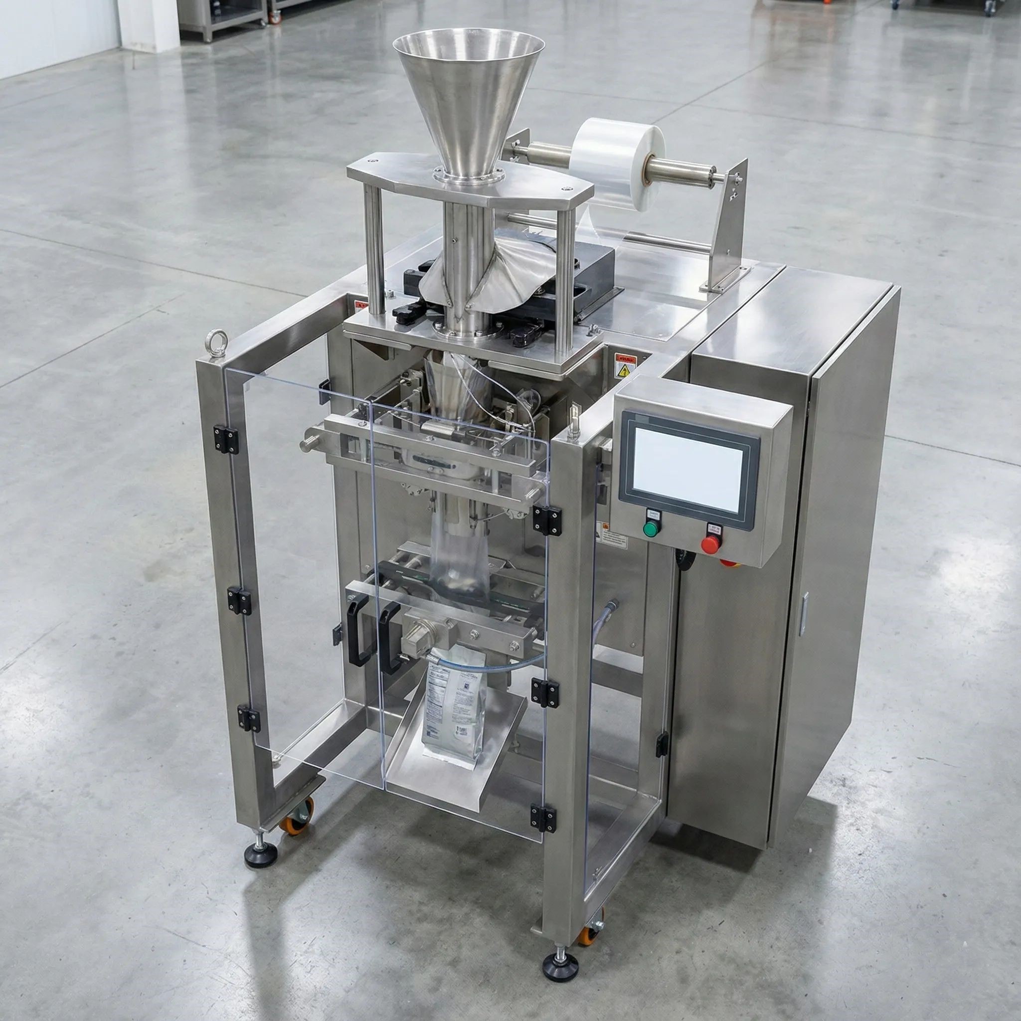 Form-fill-seal machine packaging snacks into sealed pouches on production line