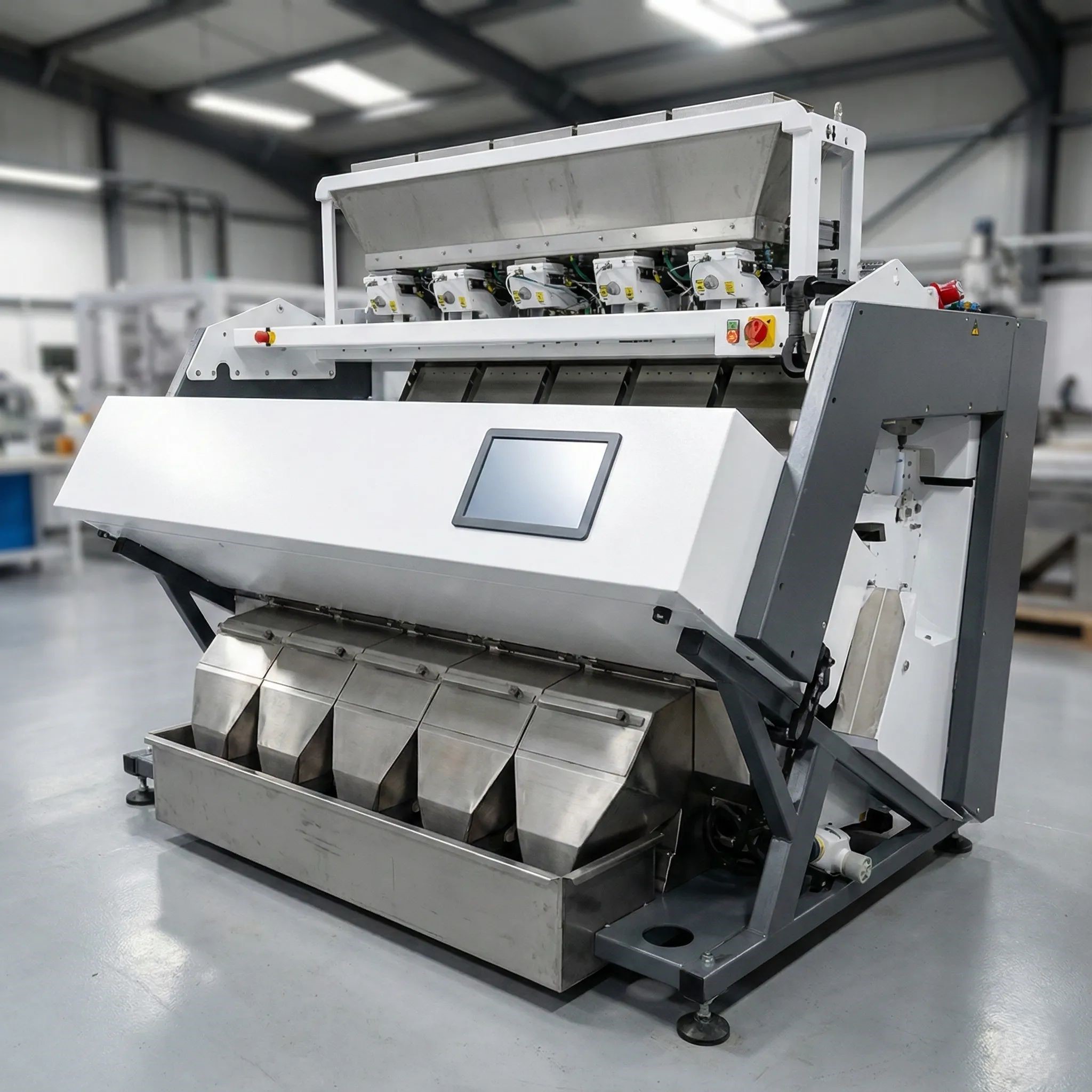 Optical sorter removing defective grains or produce using cameras and air jets