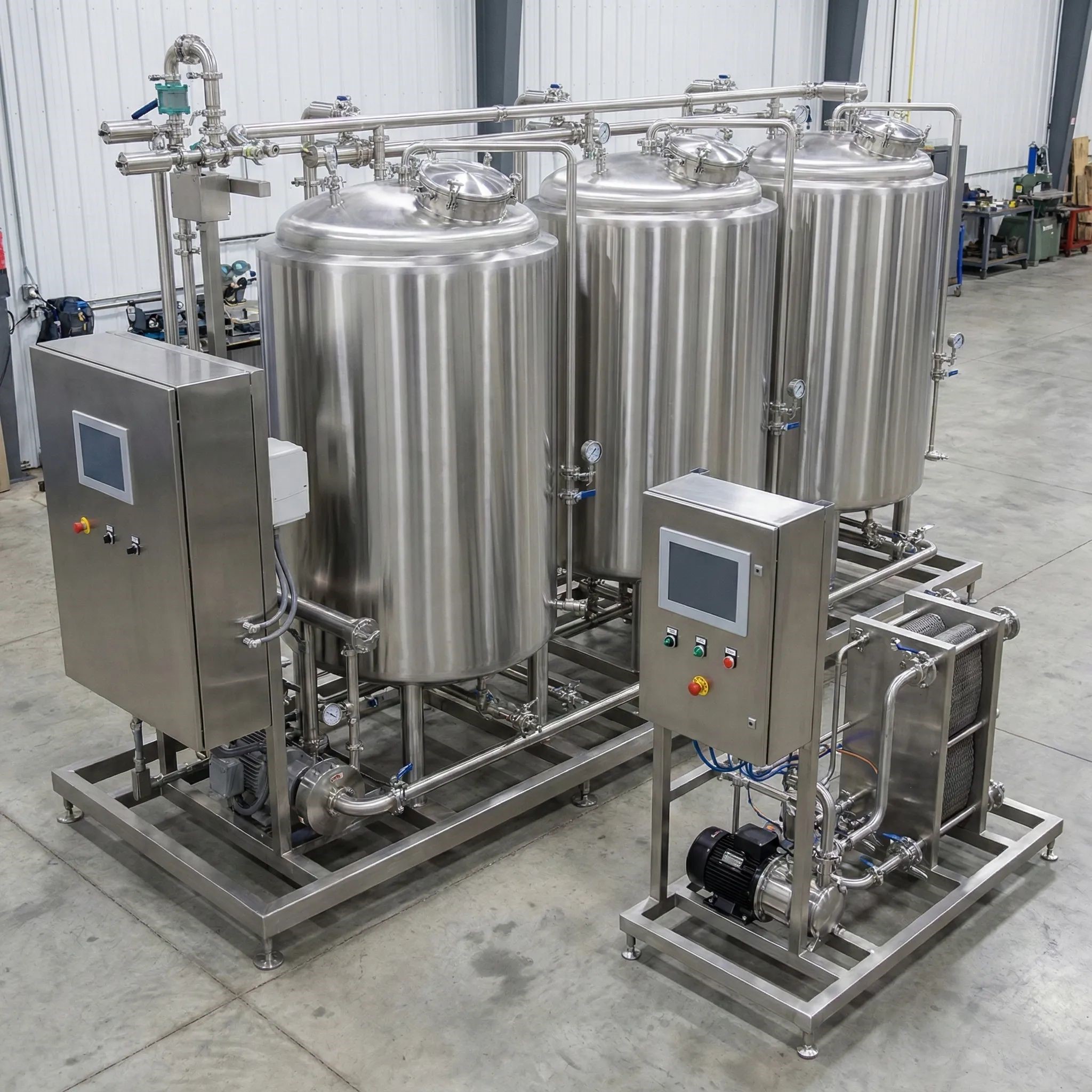 CIP system cleaning food processing pipes and tanks with automated wash cycles