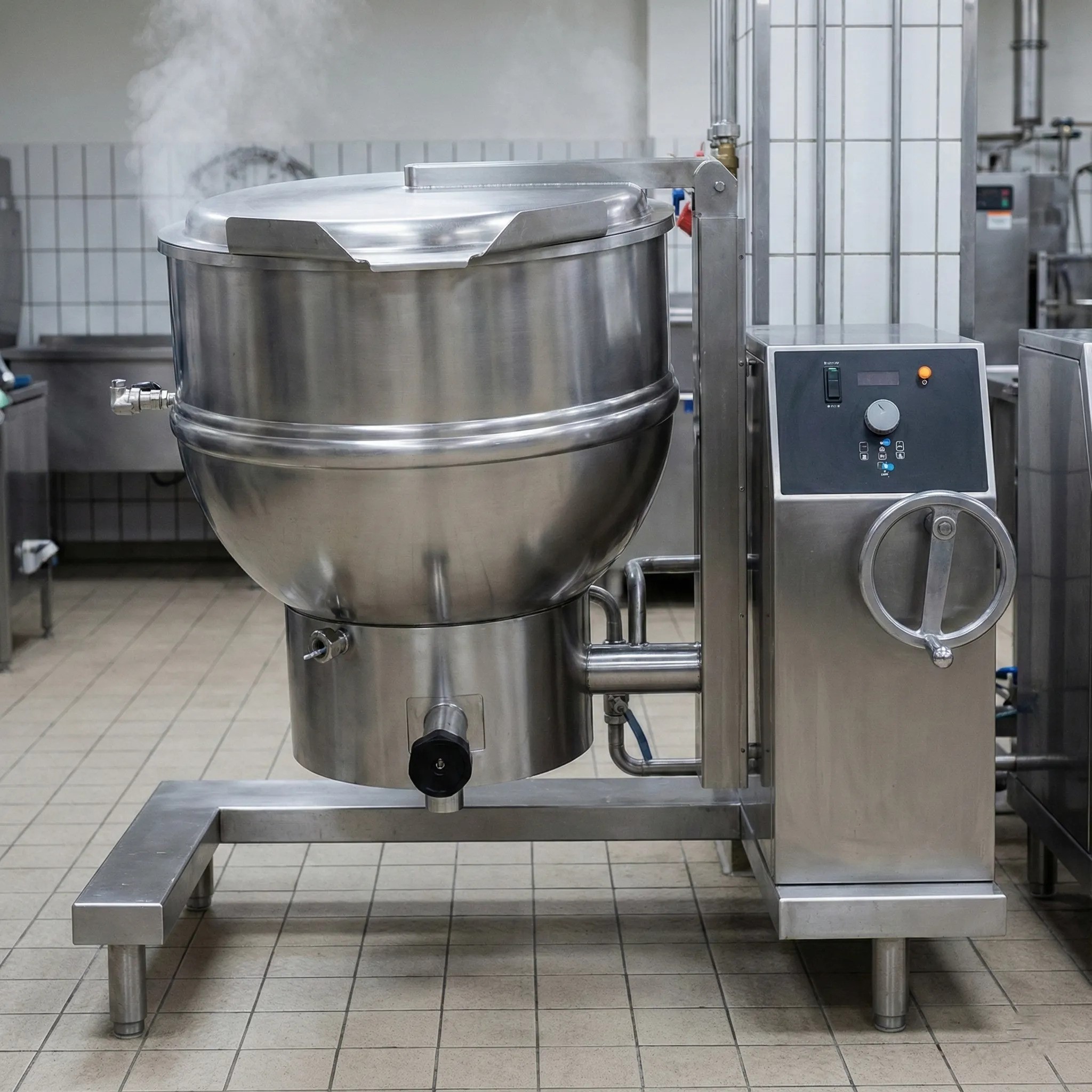 Steam jacketed kettle cooking soups or sauces in a commercial food plant