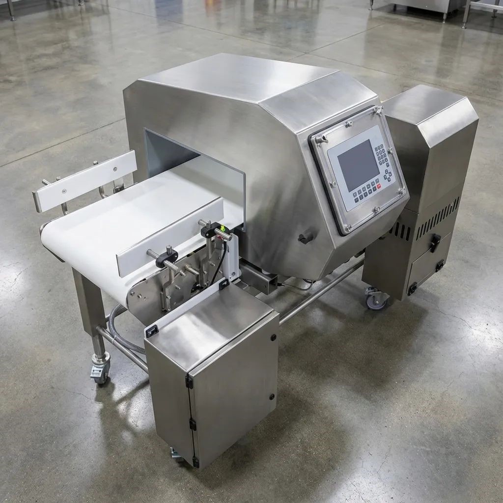 Food production metal detector inspecting packaged goods on a conveyor line
