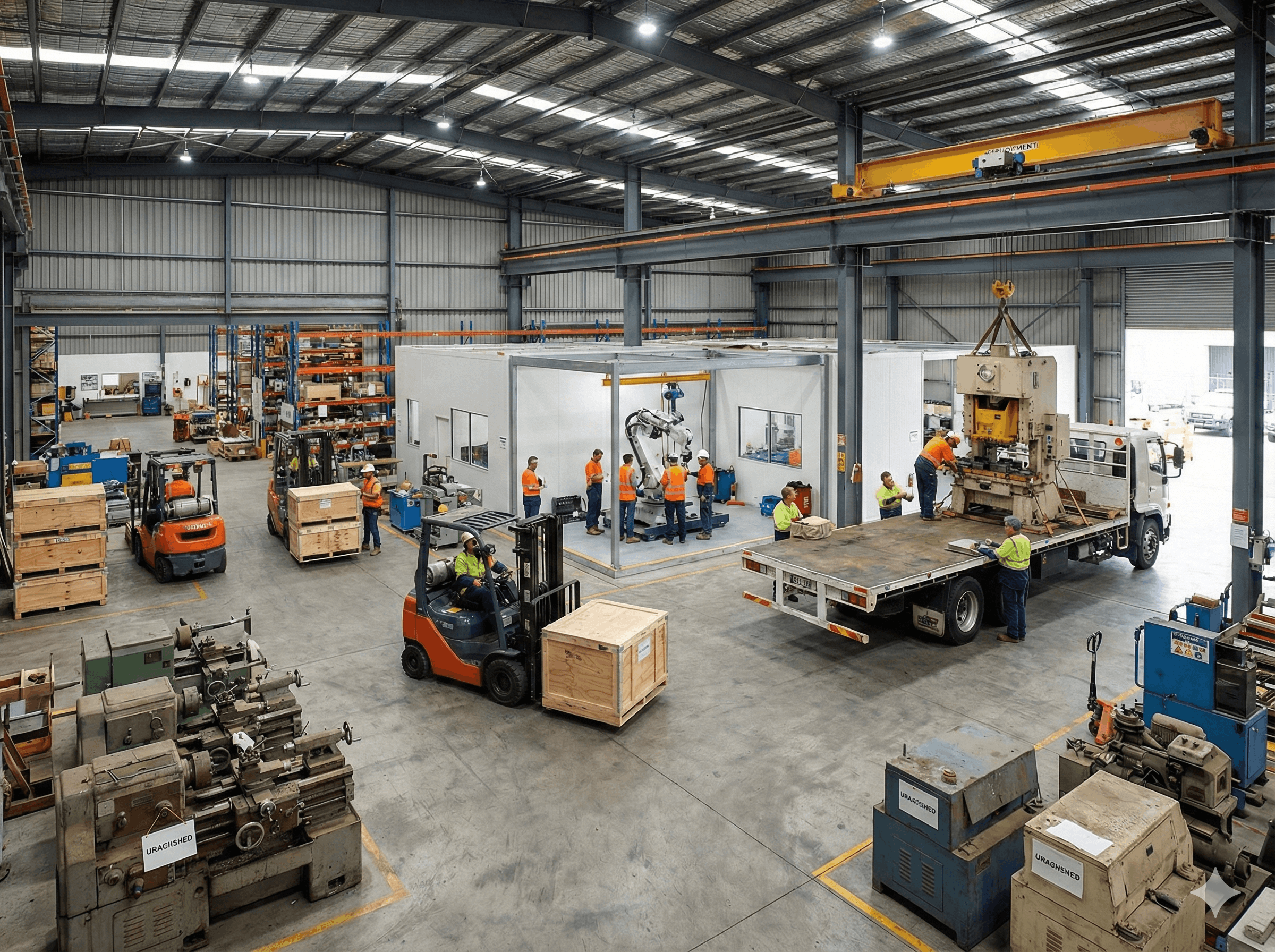 An industrial warehouse with workers moving equipment, forklifts in action, and a machine being lifted onto a truck