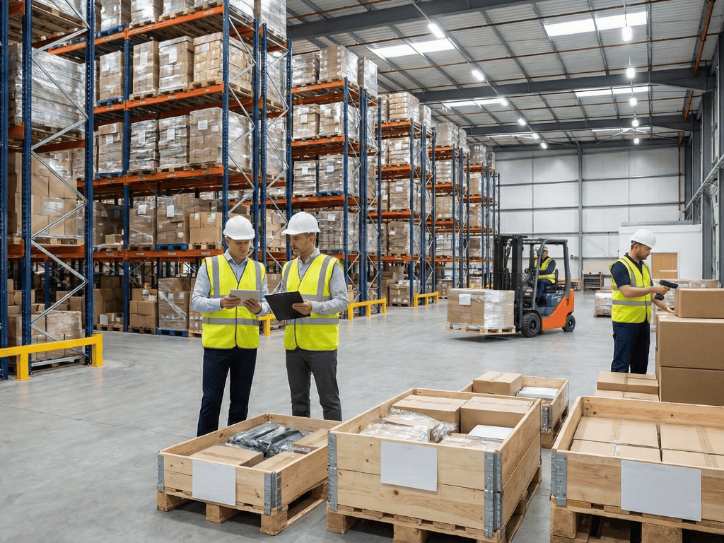Warehouse inventory disposition process as managers review surplus inventory while workers scan boxes and move palletized stock