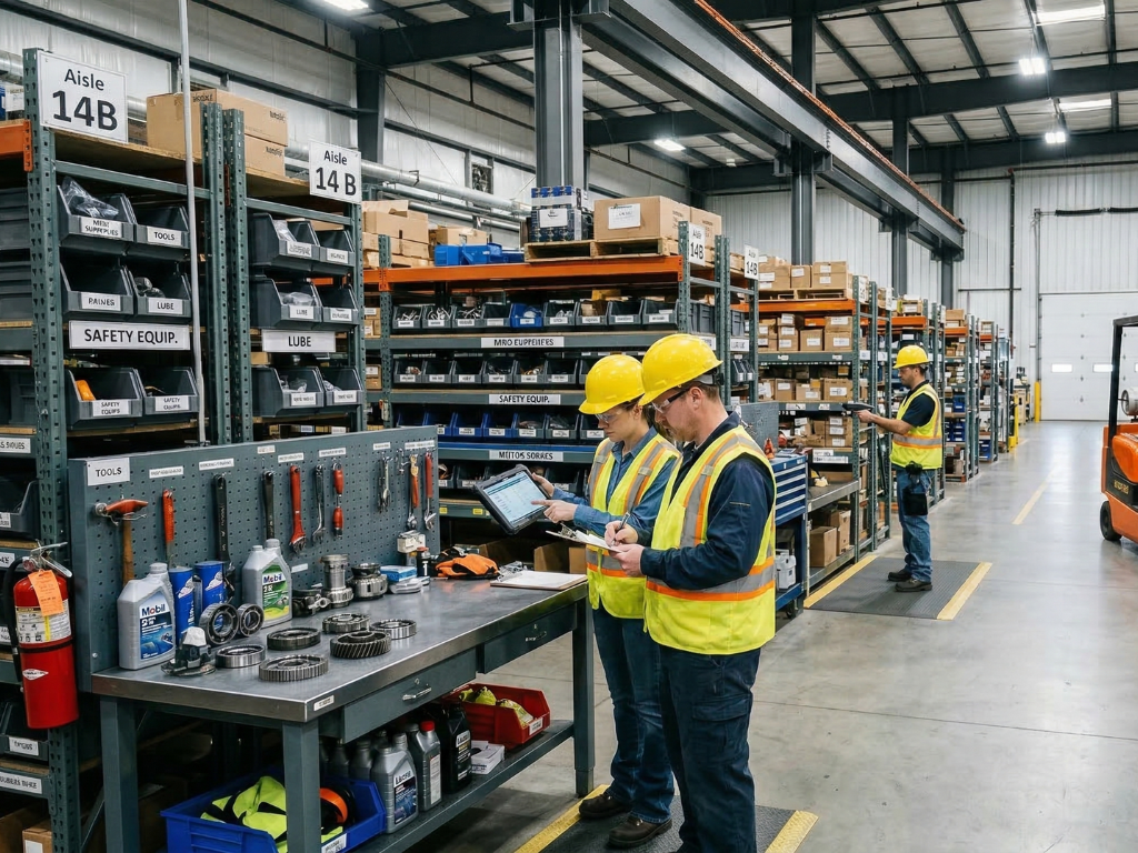 MRO supply chain warehouse with maintenance workers reviewing spare parts, tools, and safety equipment in an organized industrial storeroom.