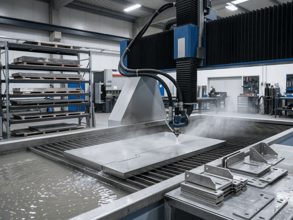 CNC waterjet cutting machine cutting thick metal plate with a high-pressure water stream in a modern metal fabrication workshop.