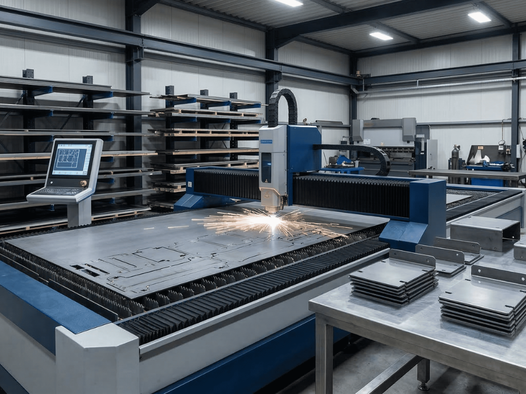 CNC laser cutting machine cutting sheet metal with sparks in a modern metal fabrication workshop.