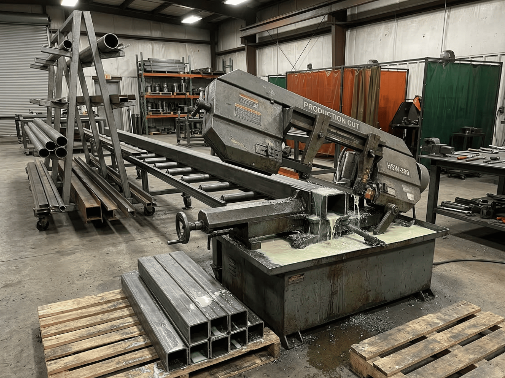 Horizontal band saw cutting square steel tubing in an industrial metal fabrication workshop with stacked metal stock nearby.