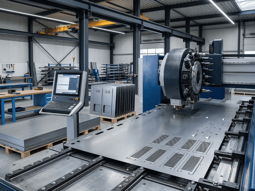 CNC turret punch press punching vented sheet metal panels on a production table in a modern metal fabrication workshop.
