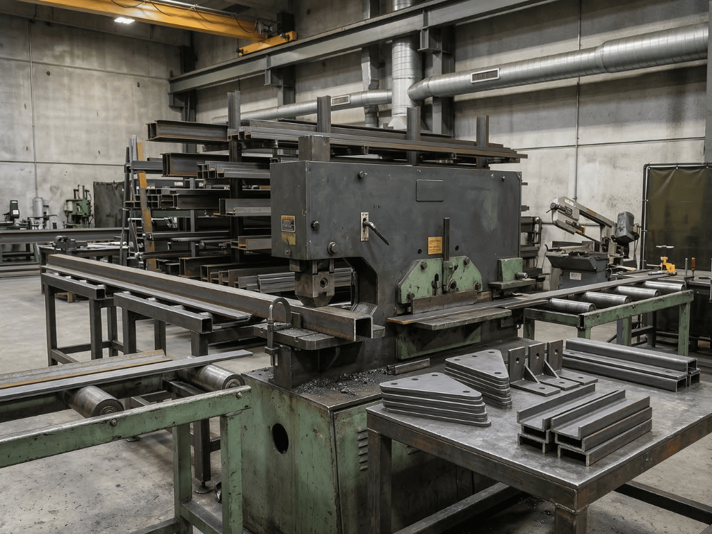 Ironworker machine punching and shearing structural steel in a heavy metal fabrication workshop with brackets and channel sections nearby.