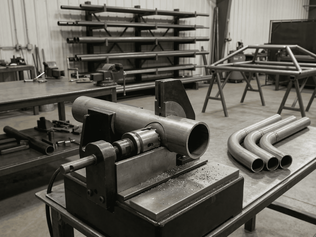 Pipe notcher machine cutting a steel tube for precise joint fit-up in a metal fabrication workshop with bent tubes on the table.