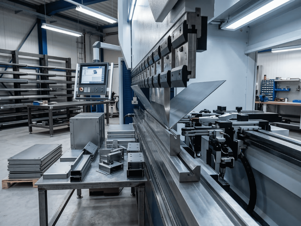 CNC press brake bending sheet metal into an angled panel in a modern sheet metal fabrication workshop.