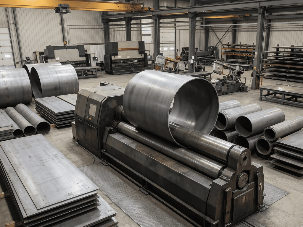 Plate rolling machine forming large steel plate into a cylindrical shell in an industrial metal fabrication workshop.