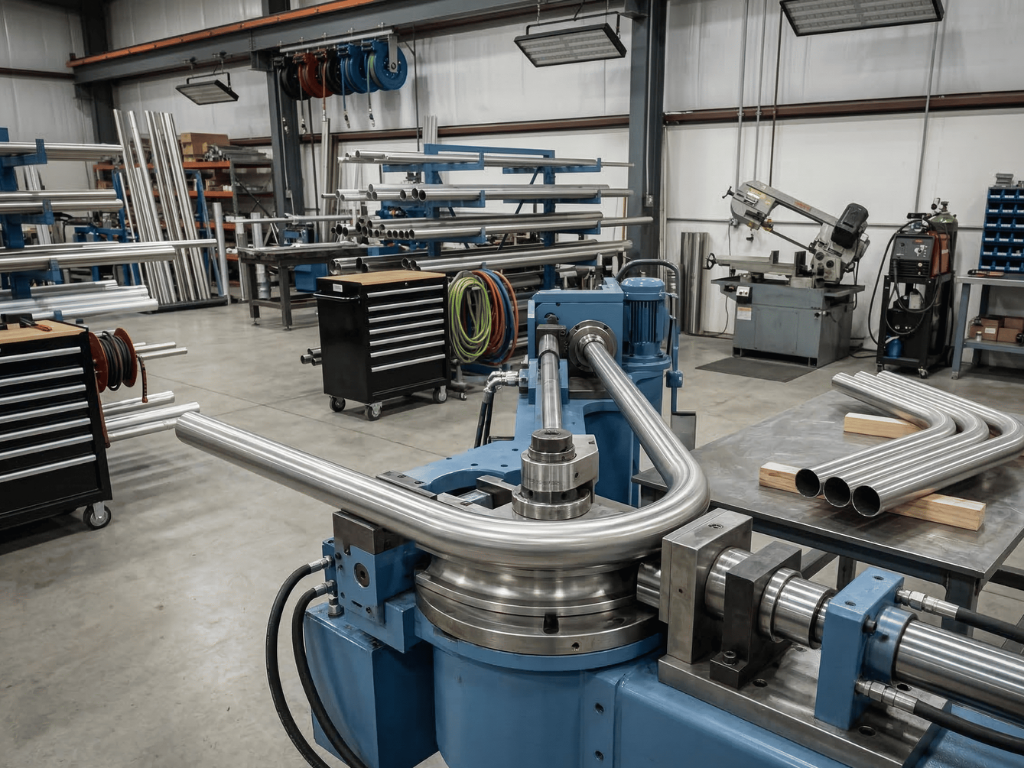 Tube bending machine forming stainless steel tubing into precise curved bends in a metal fabrication workshop.