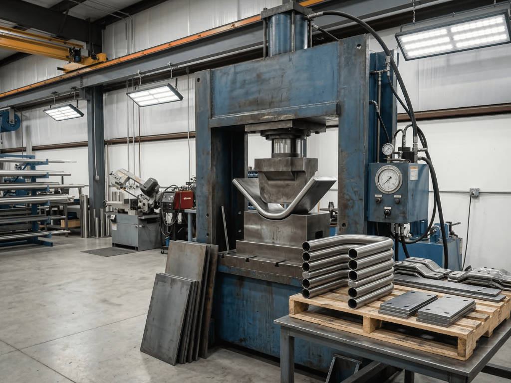 Hydraulic press forming metal components with a heavy-duty press tool in an industrial metal fabrication workshop.