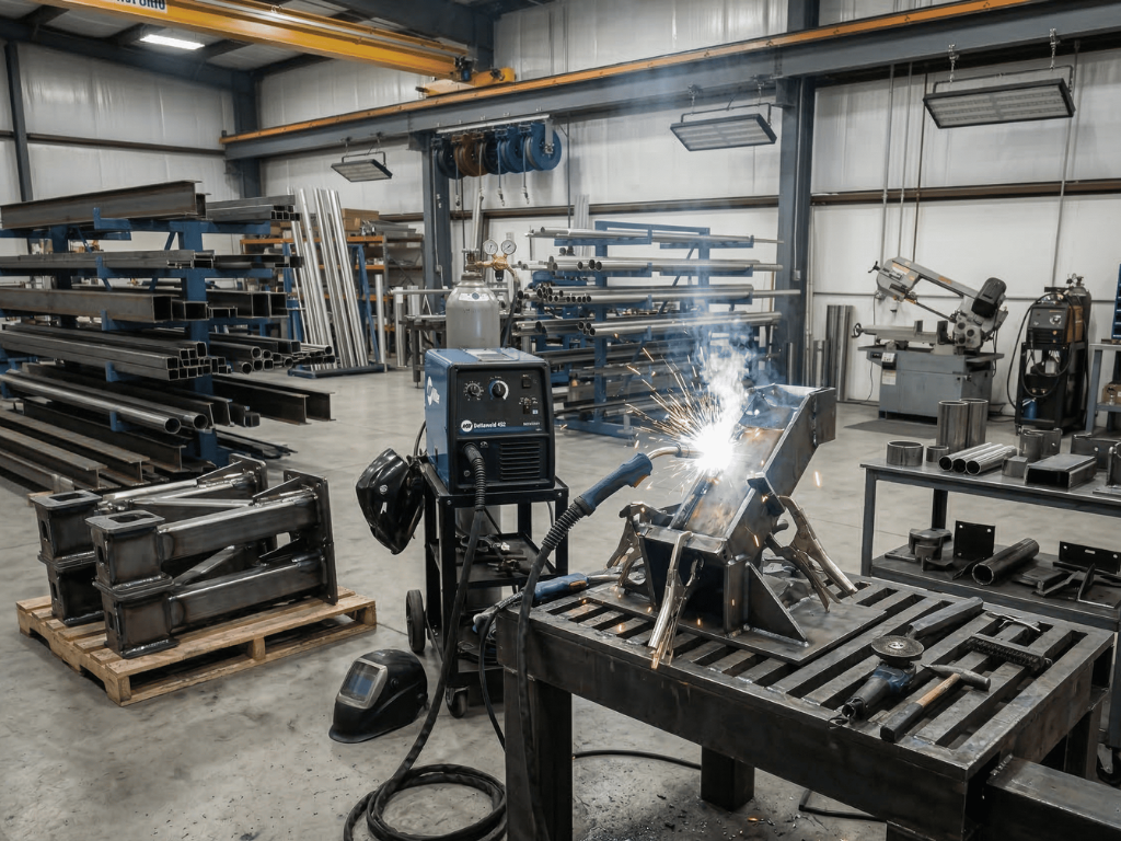 Industrial welding system joining steel components with sparks on a fabrication table in a metal fabrication workshop.