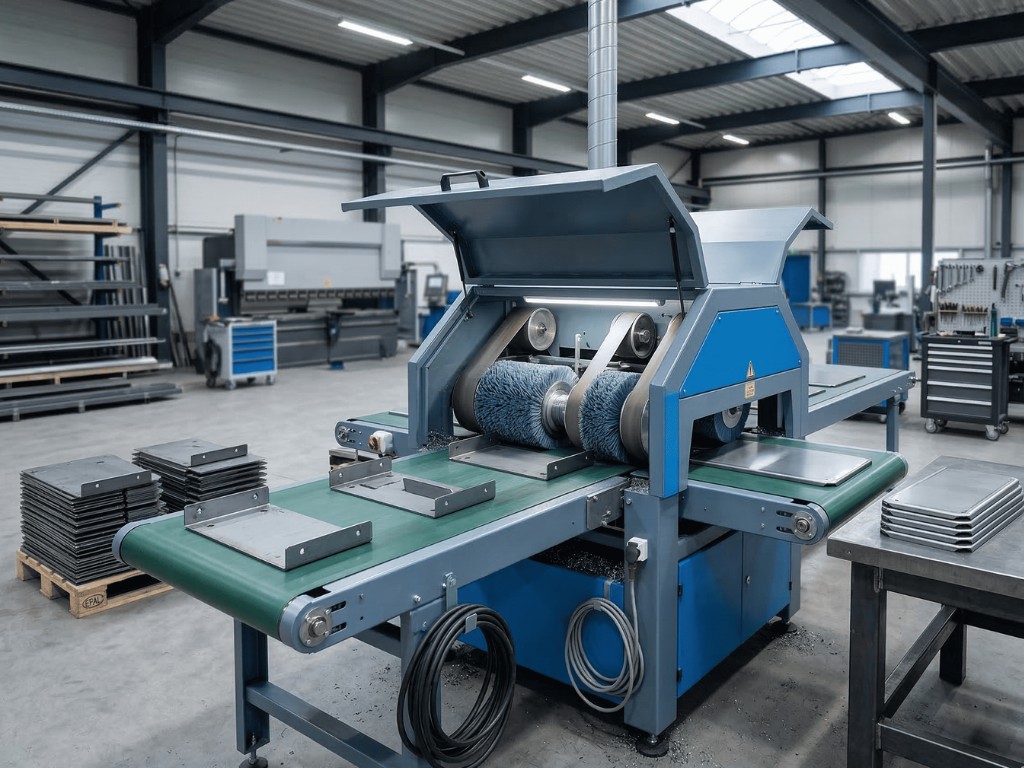 Deburring and edge rounding machine removing burrs from sheet metal parts on a conveyor in a metal fabrication workshop.