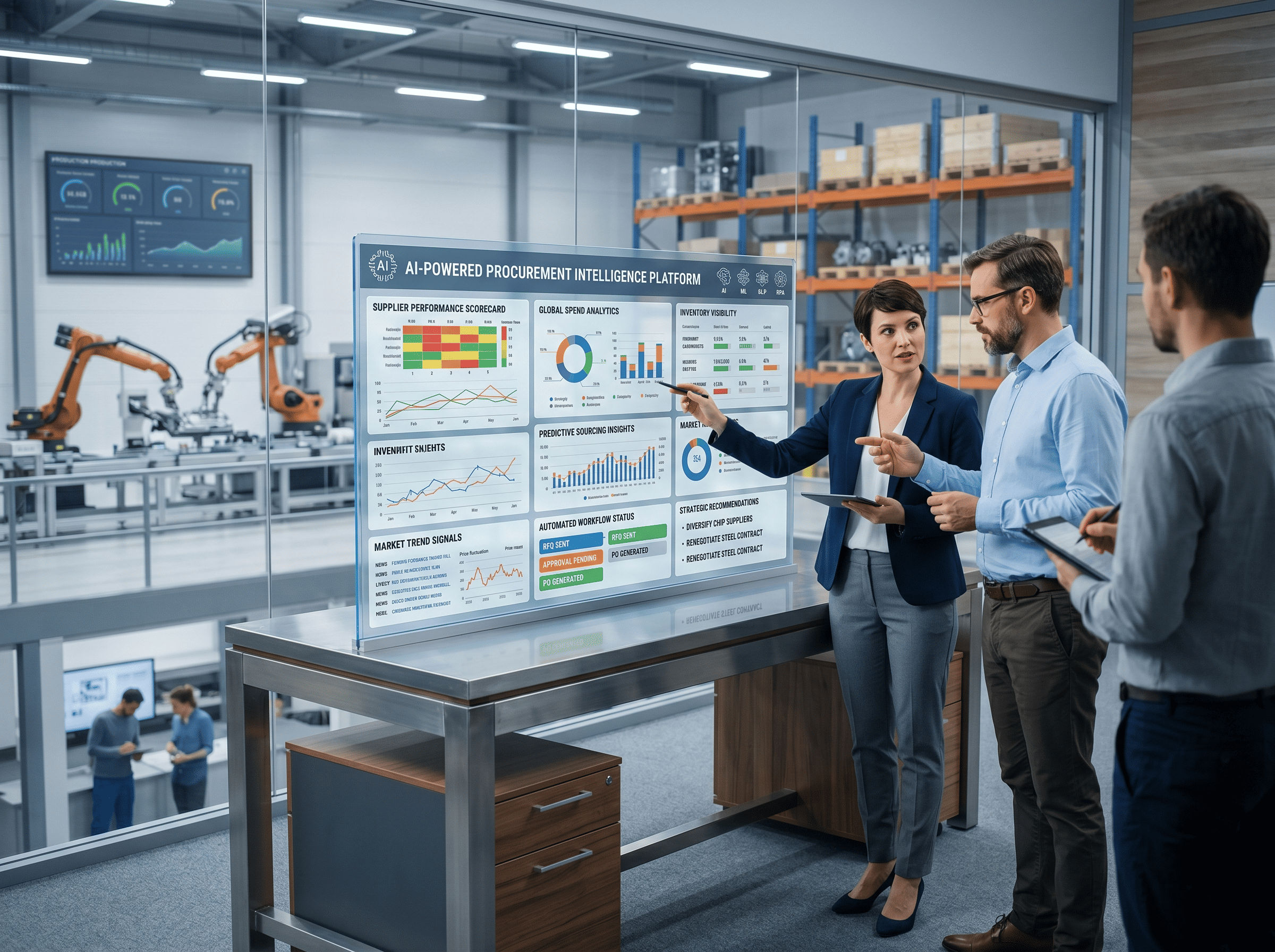 Procurement team reviews AI-powered analytics and sourcing data in a modern industrial office.