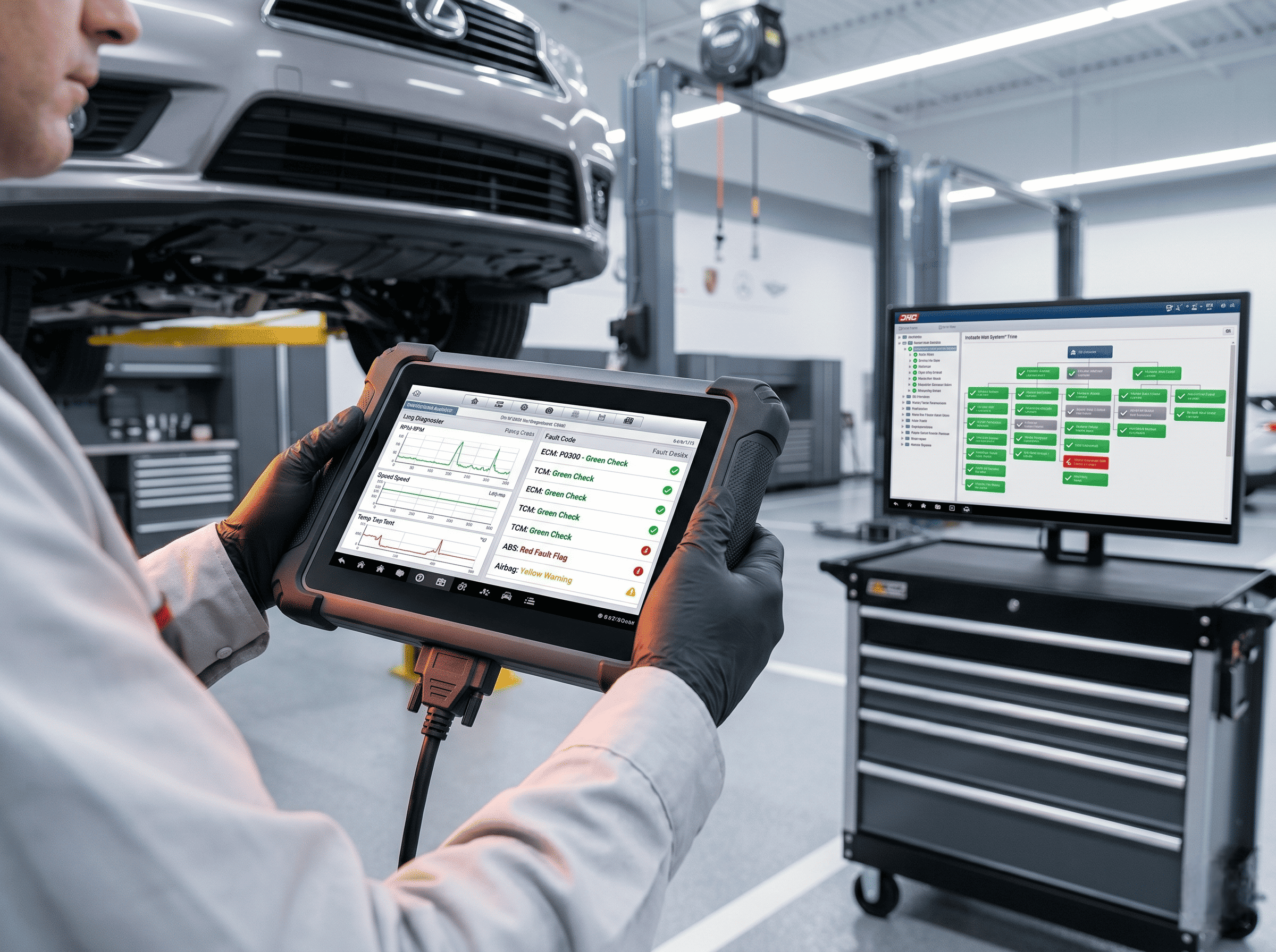 Mechanic using a diagnostic scanner to check vehicle fault codes in an auto repair workshop.