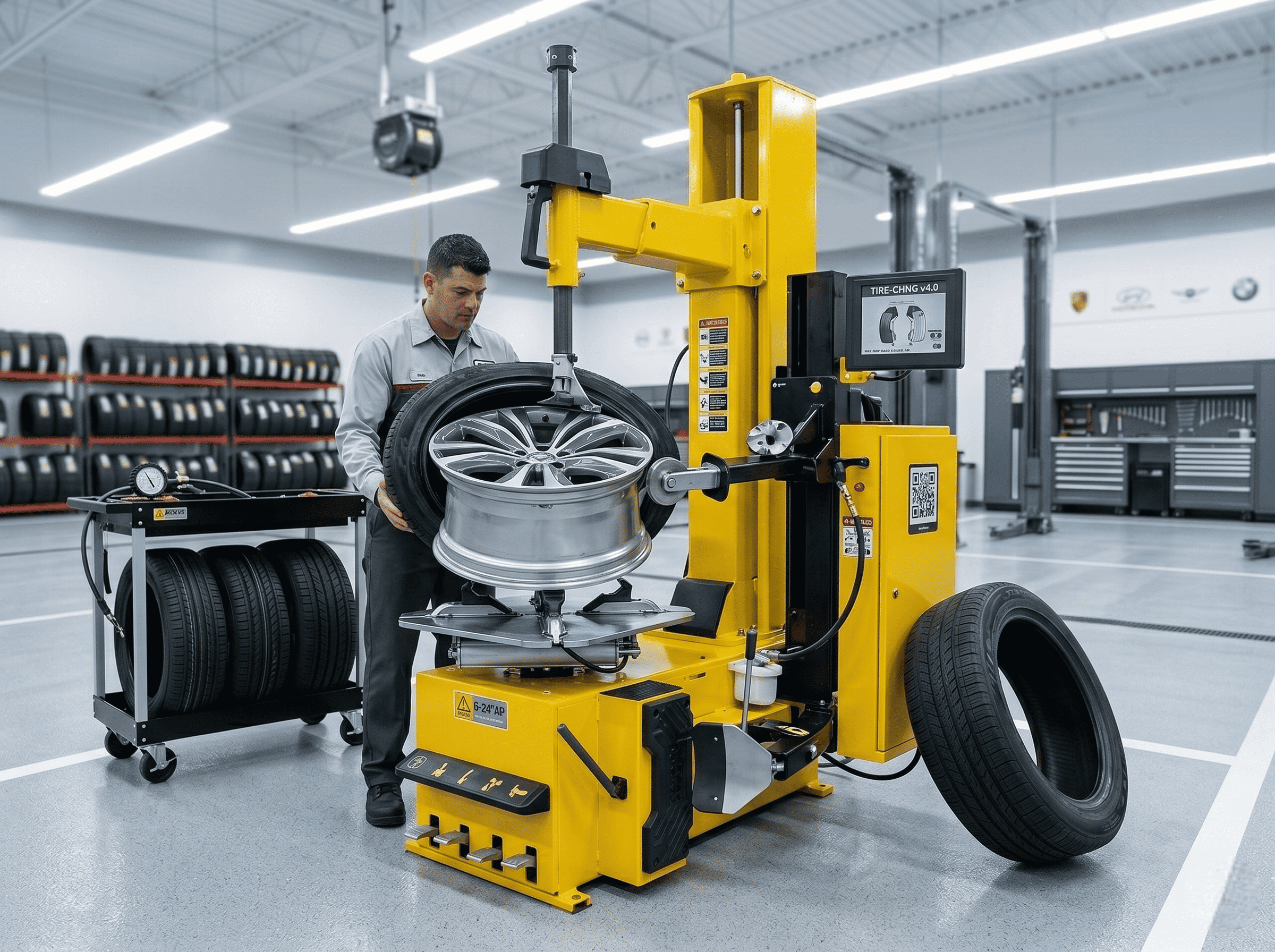 Technician using a tire changer machine to mount a tire on a wheel in an auto service shop.