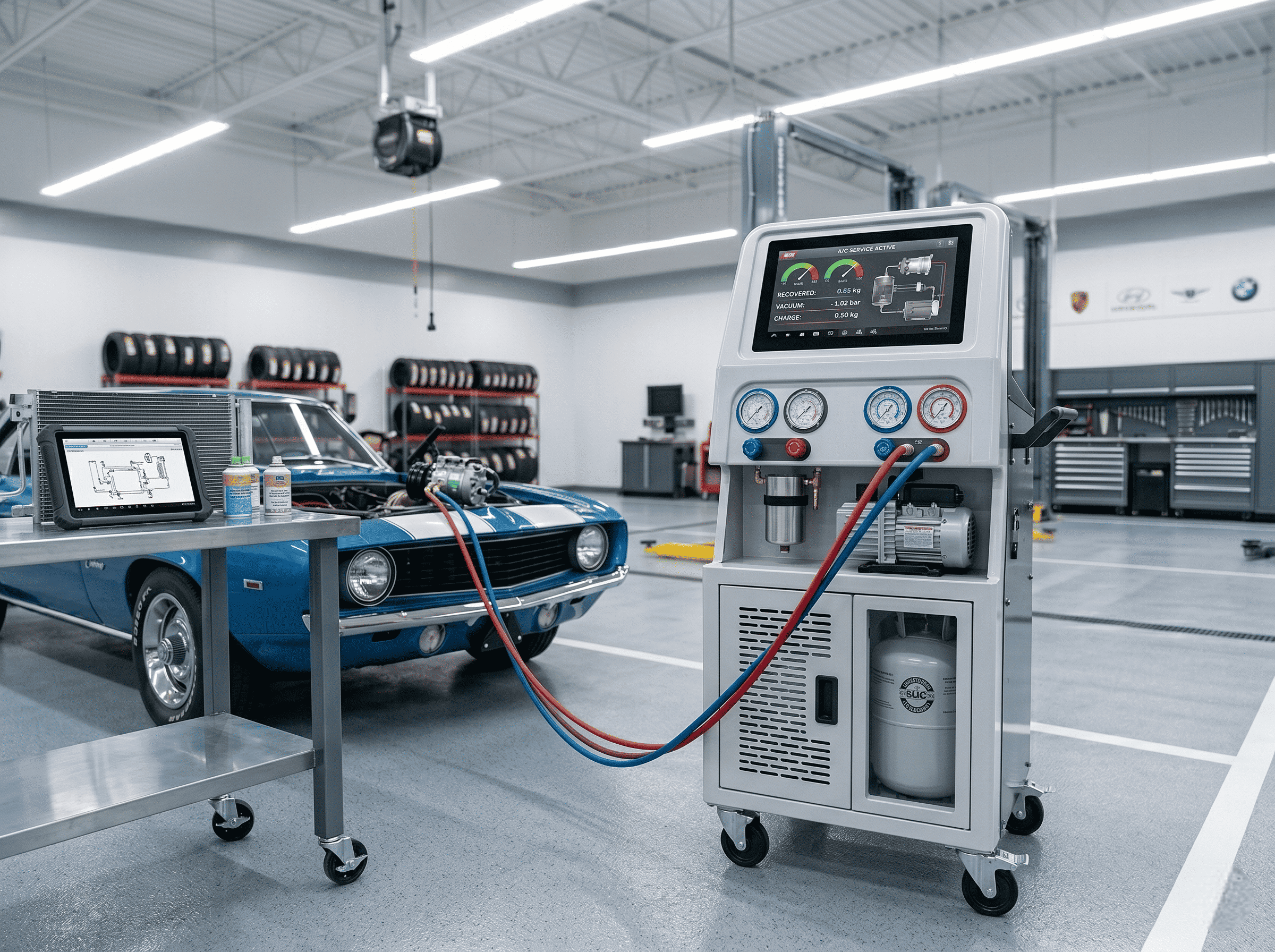 AC recovery and recharge machine connected to a classic car in an automotive repair workshop.