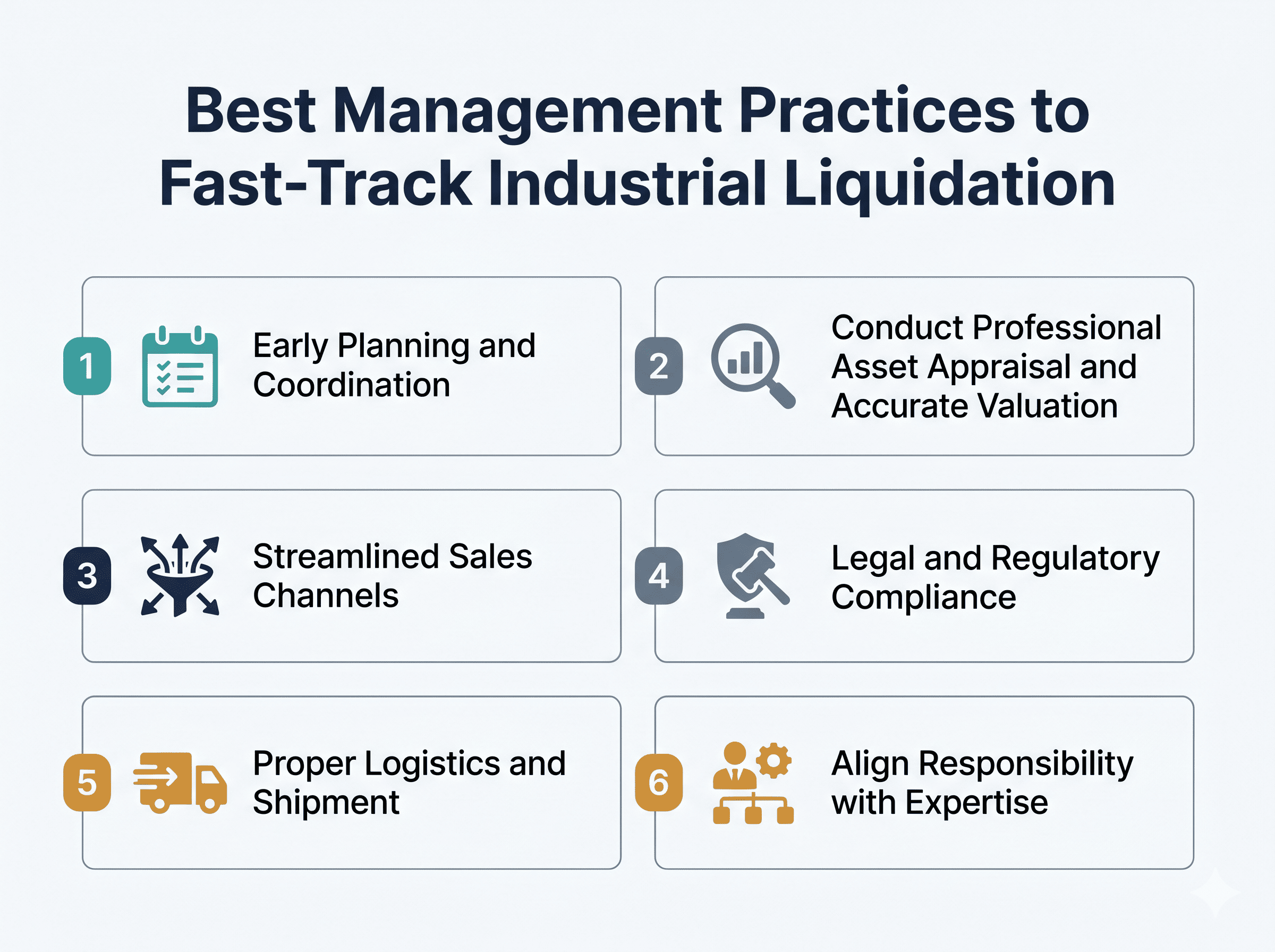 Infographic showing best practices for fast-track industrial liquidation: planning, valuation, sales channels, compliance, logistics, and expertise alignment.