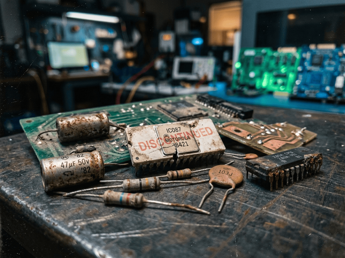 Discontinued and weathered electronic components, including a Motorola IC chip stamped "DISCONTINUED," scattered on a worn workbench.