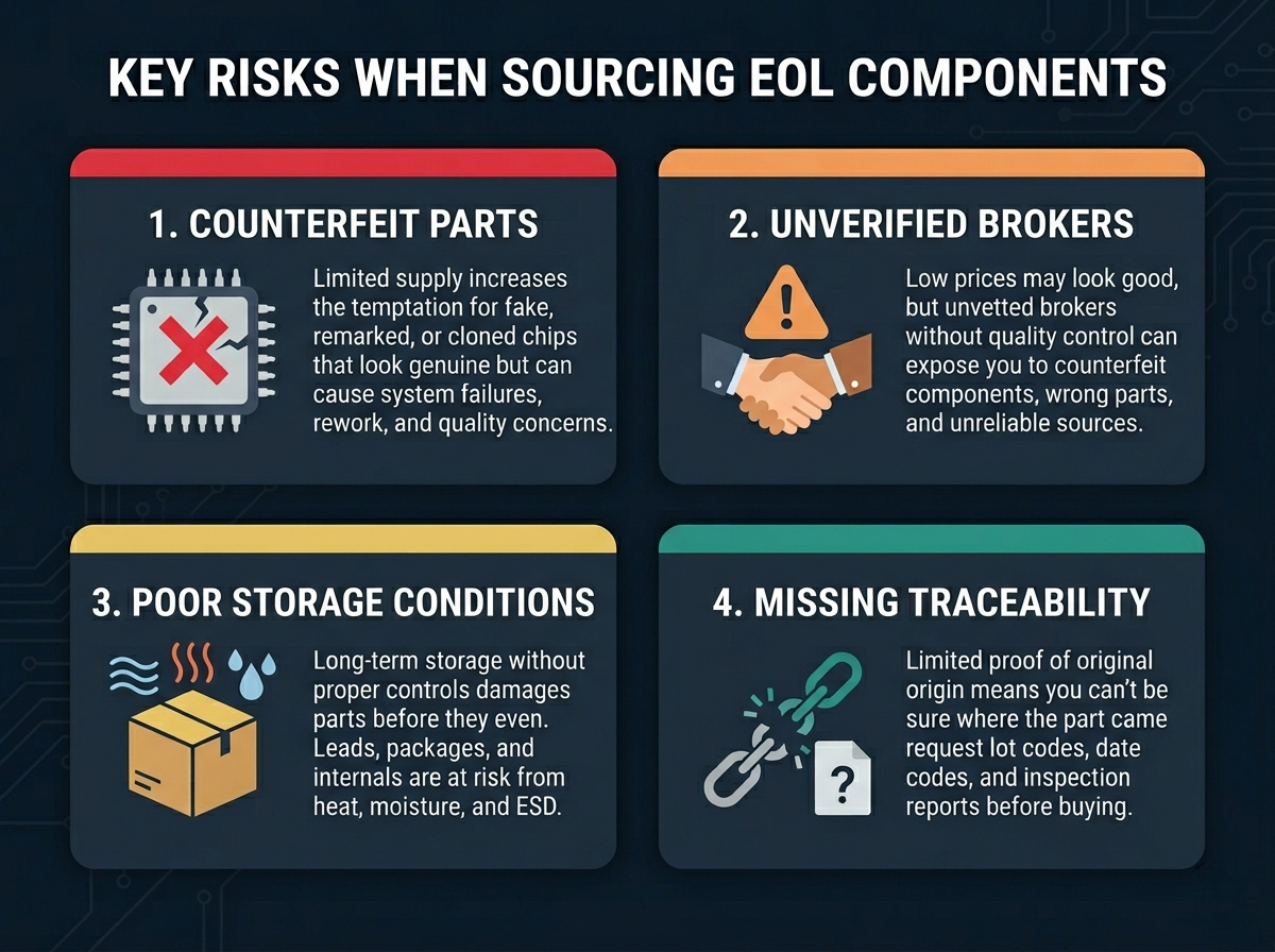 Infographic outlining 4 key risks when sourcing EOL components: Counterfeit Parts, Unverified Brokers, Poor Storage Conditions, and Missing Traceability.