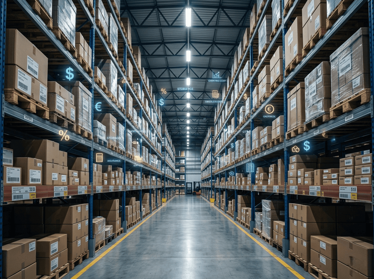 Modern warehouse aisle with tall shelves of boxed inventory and glowing digital logistics icons.