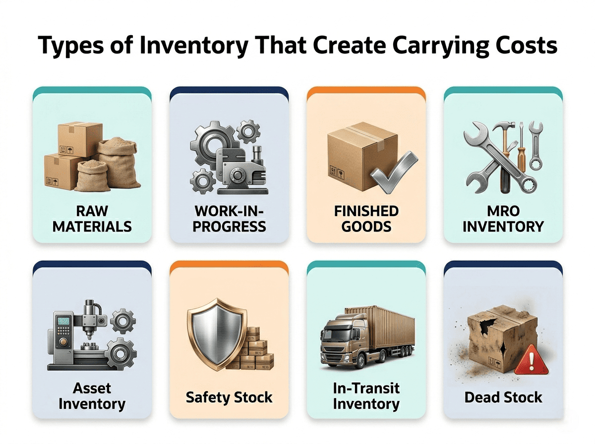 Infographic showing types of inventory that create carrying costs, including raw materials, work-in-progress, finished goods, MRO inventory, asset inventory, safety stock, in-transit inventory, and dead stock.