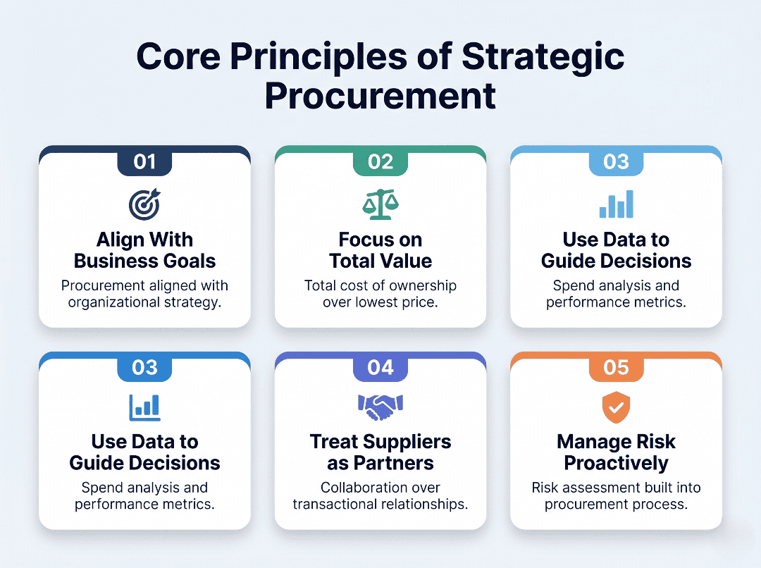 Core principles of strategic procurement infographic with key decision and supplier management points.