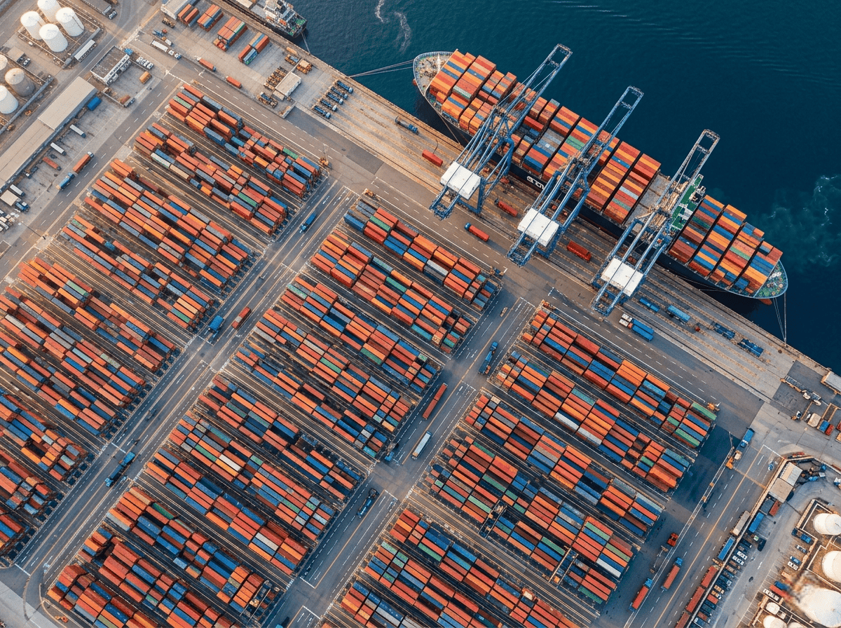Aerial view of a busy container port with cargo ships, cranes, trucks, and stacked shipping containers, representing second sourcing and diversified supply routes.
