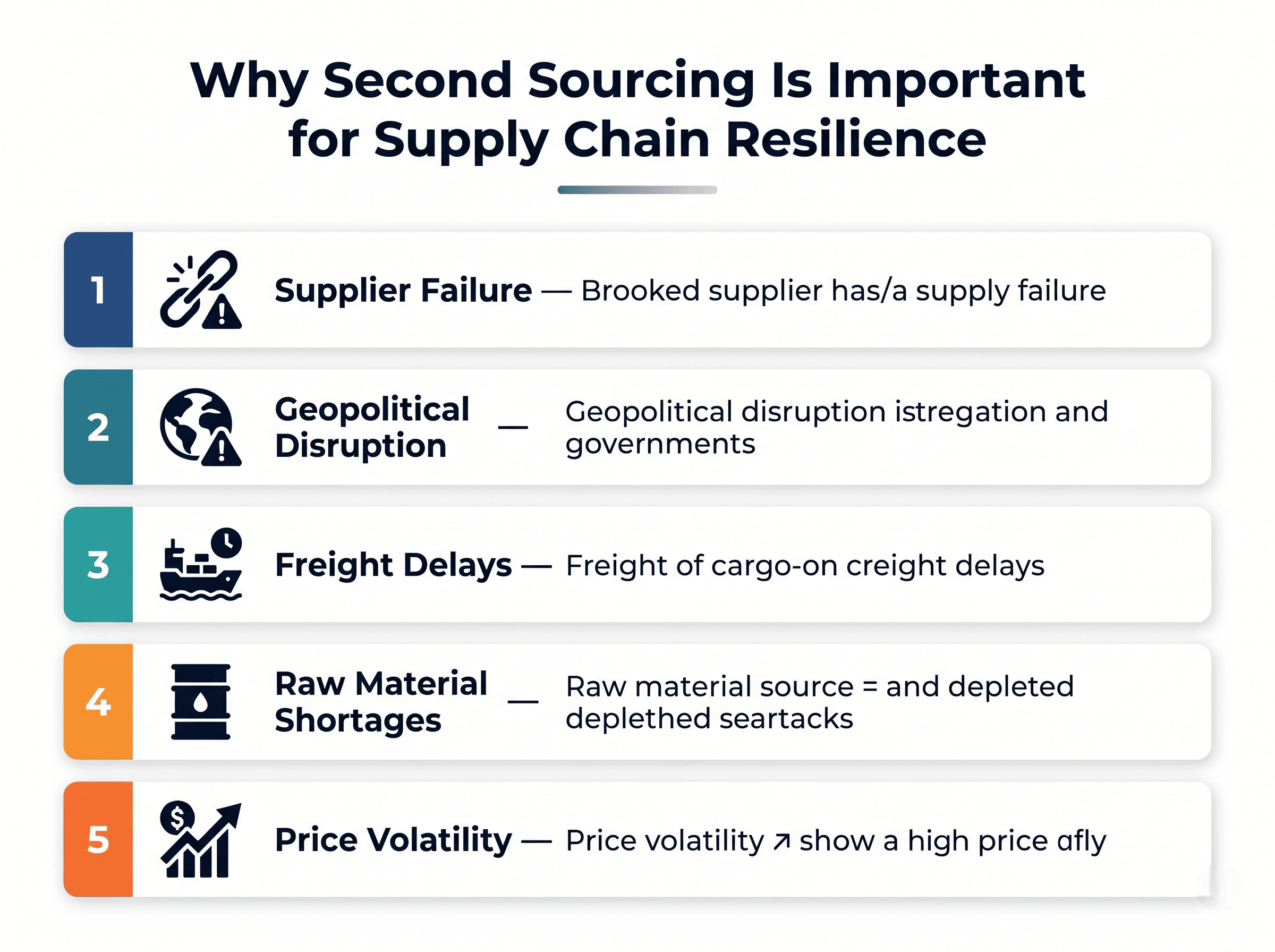 Infographic explaining why second sourcing supports supply chain resilience, highlighting supplier failure, geopolitical disruption, freight delays, raw material shortages, and price volatility.