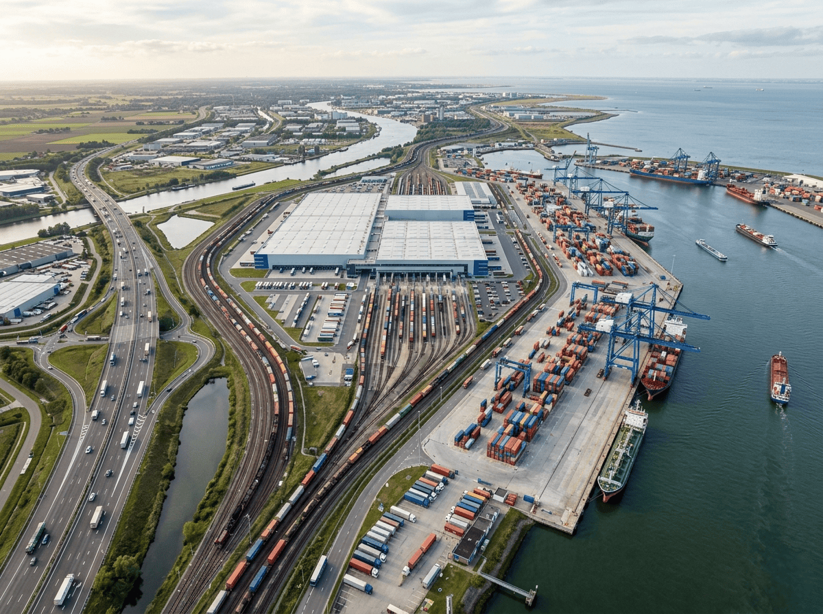 Aerial view of a port, warehouse, rail lines, highways, cargo ships, and container yards, representing a multi-shoring sourcing model with connected global logistics routes.