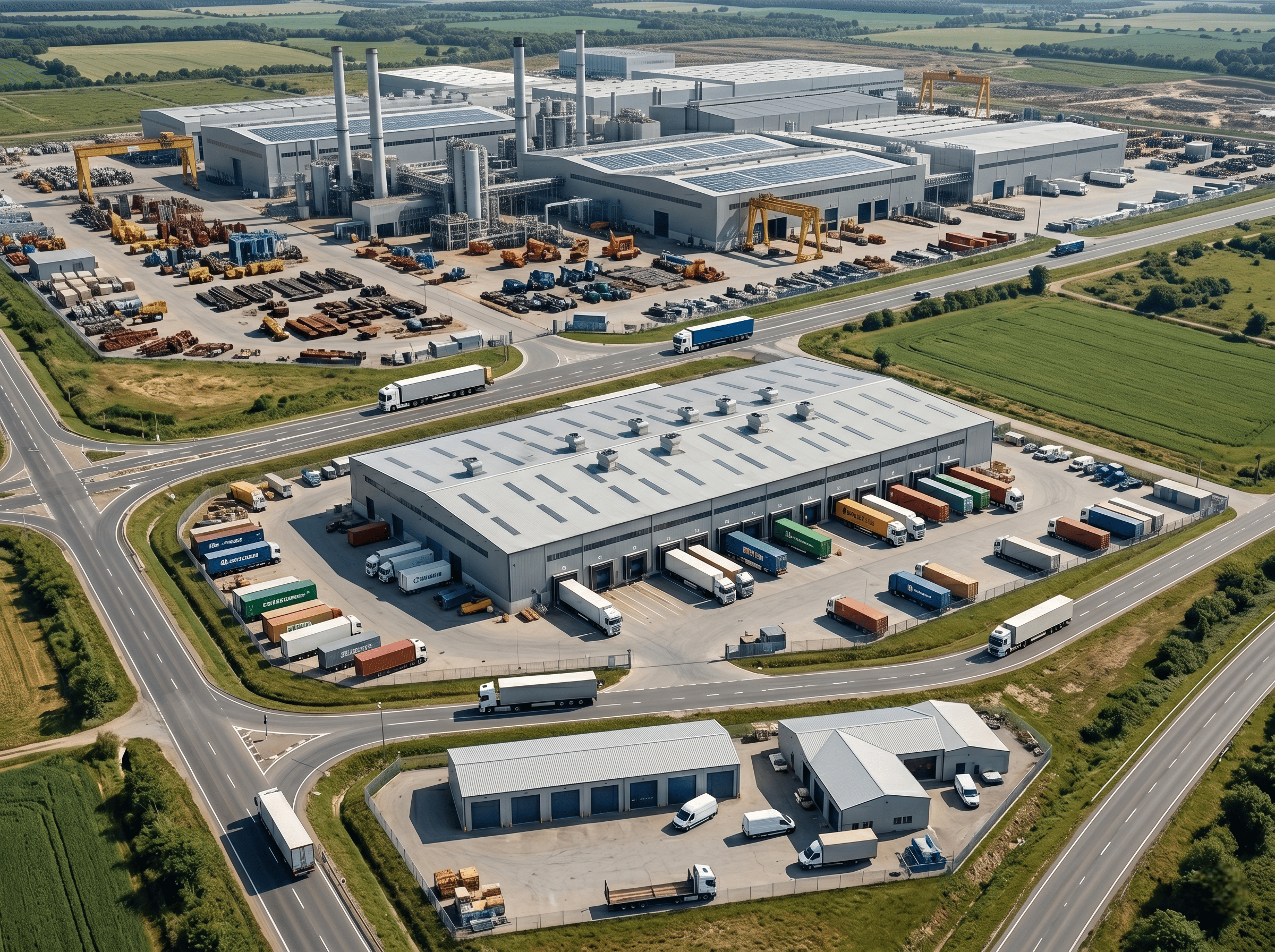 Aerial view of a large industrial complex with factories, warehouses, trucks, and logistics roads, representing a tiered sourcing model across multiple supplier levels.