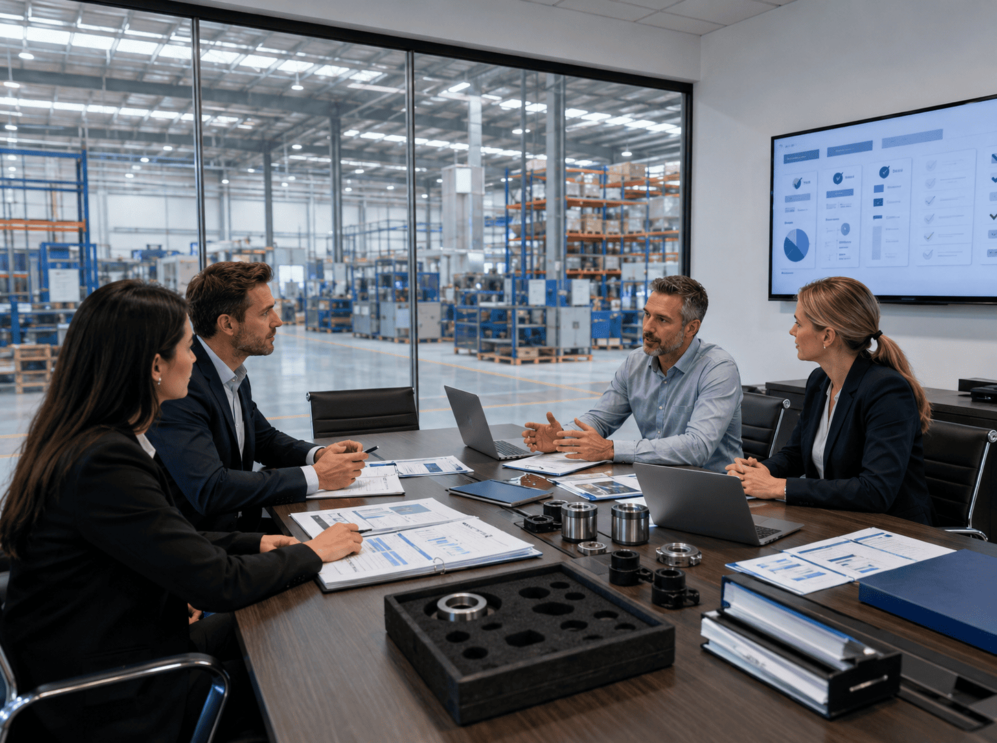 Business professionals reviewing supplier documents and product samples in a meeting room overlooking an industrial facility, representing a prequalified backup supplier evaluation process.