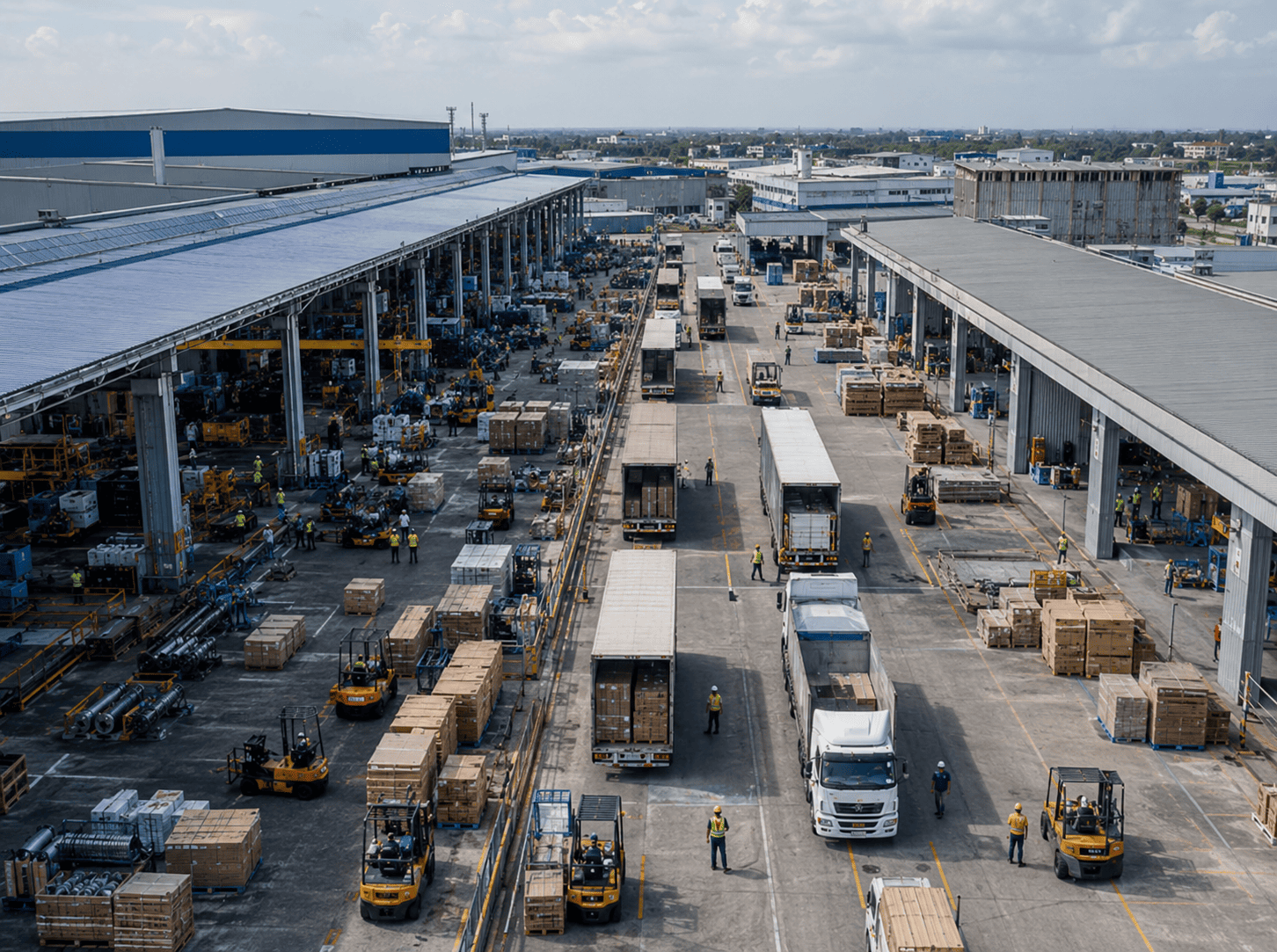 Two active industrial facilities with shared logistics lanes, trucks, forklifts, and workers, representing a dual sourcing allocation model with parallel supplier operations.