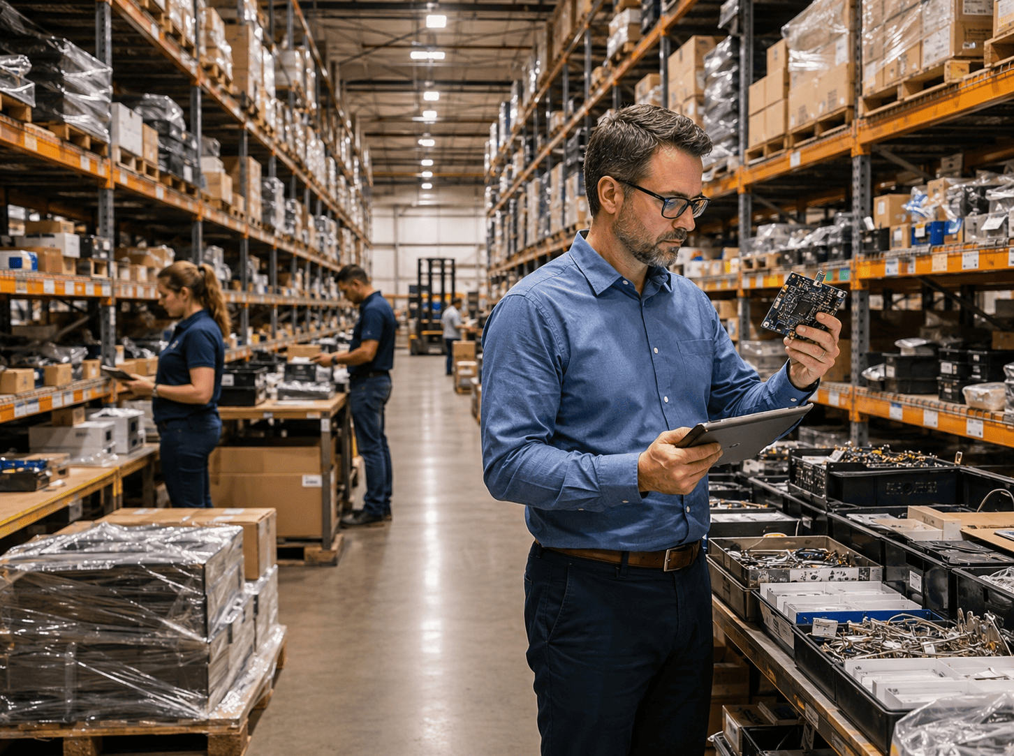 Procurement specialist inspecting electronic components in a surplus warehouse with organized industrial inventory, representing a liquidation-based procurement model.