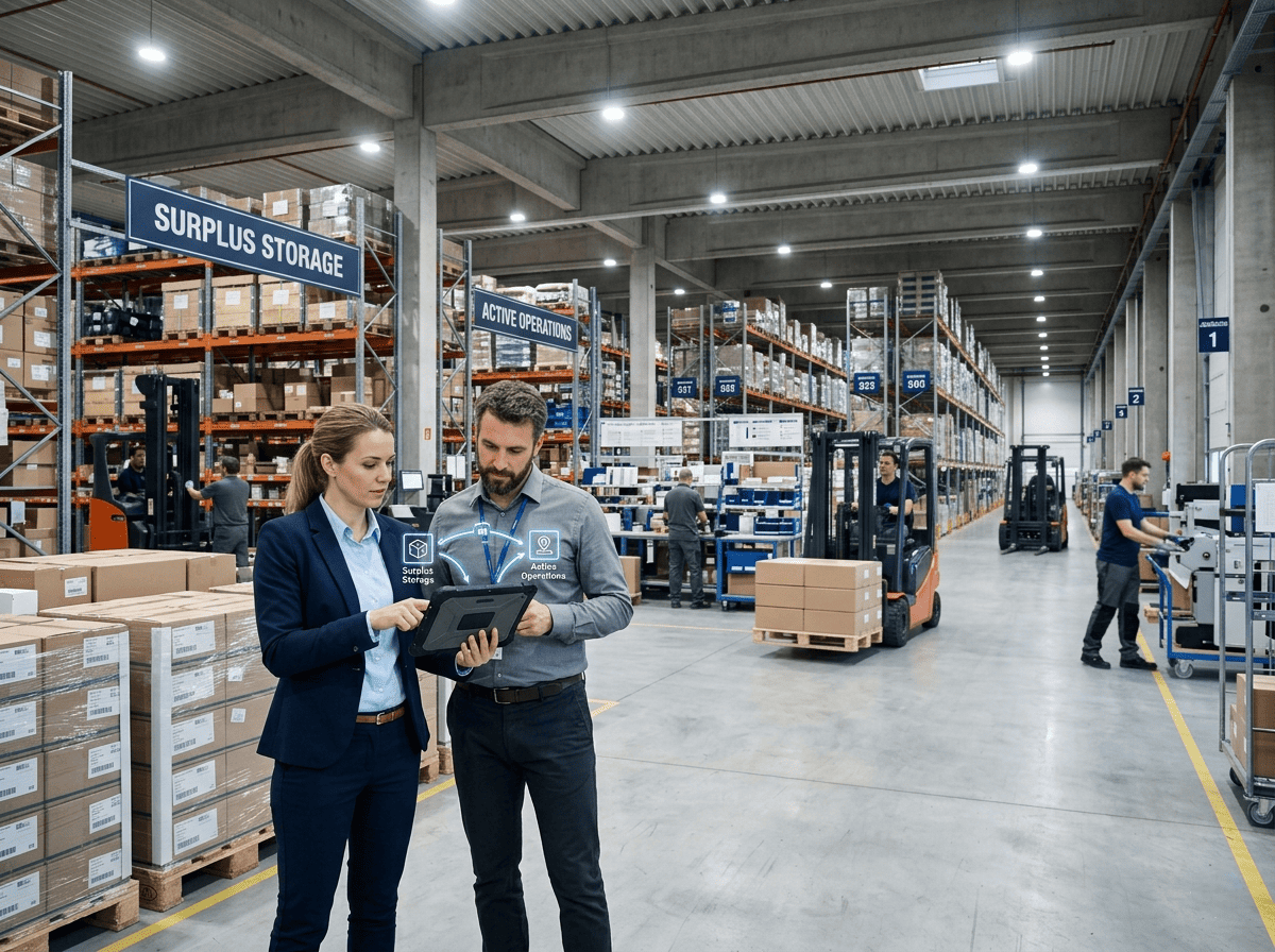Two professionals review an internal asset transfer map on a tablet inside a warehouse, with surplus storage and active operations zones visible in the background alongside forklifts and workers.