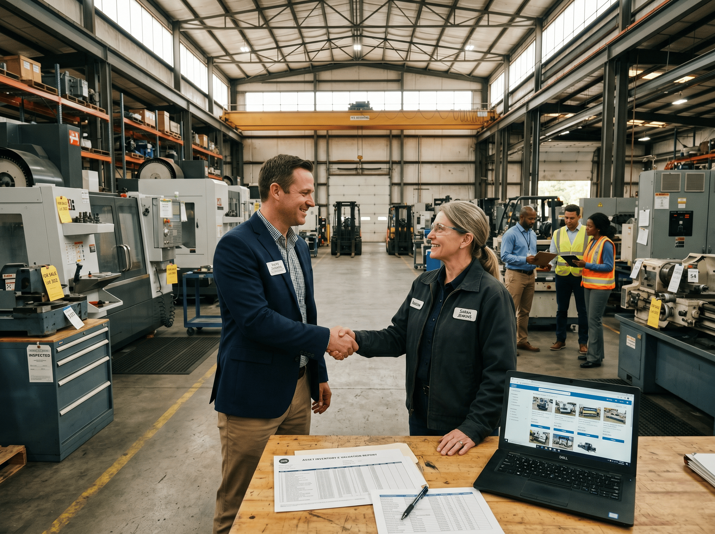 A liquidator and business owner shake hands over an asset inventory report and equipment listings laptop inside an industrial facility, with tagged machinery staged for sale in the background.