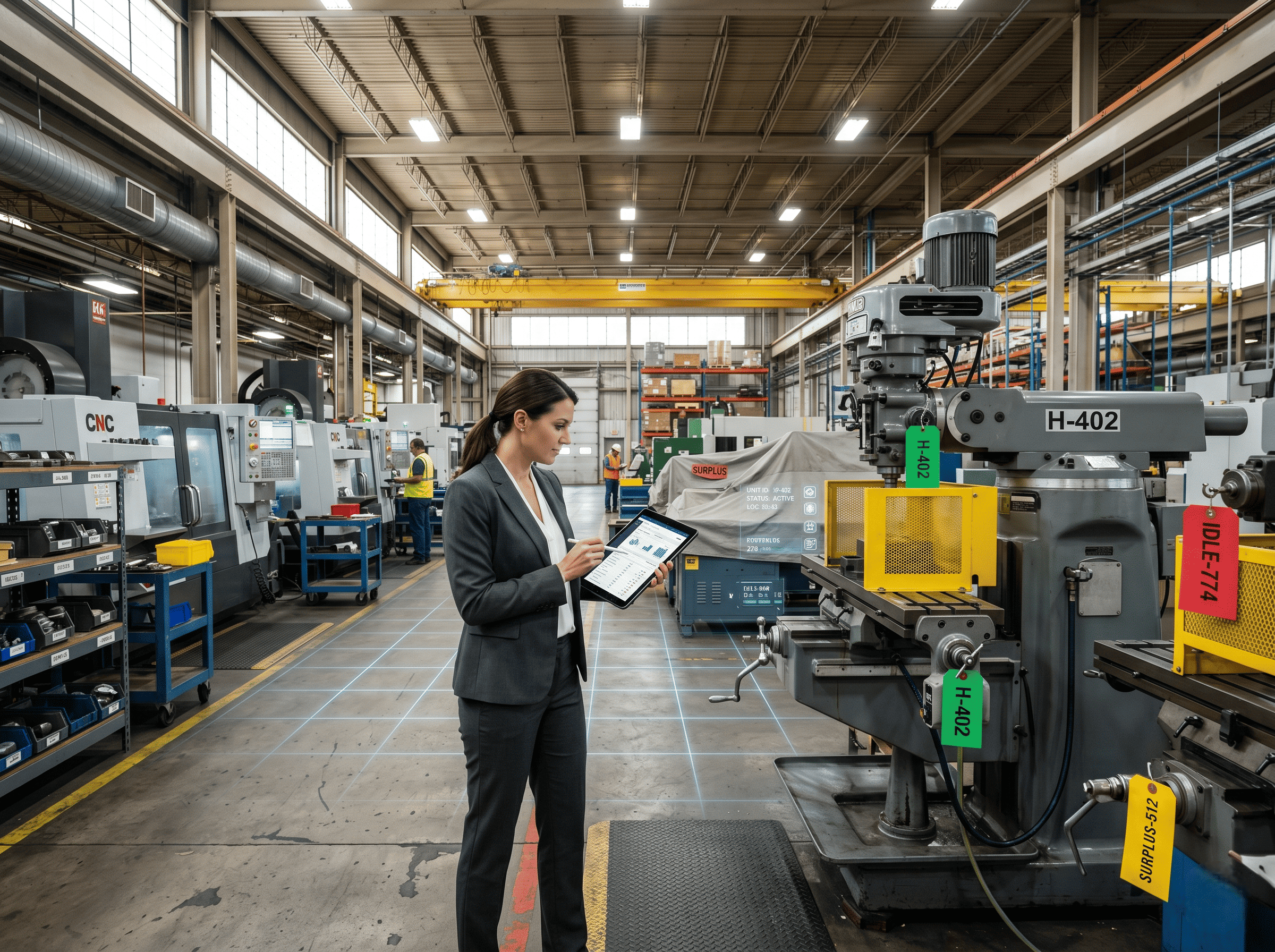 Operations manager performs a fixed asset audit on CNC machines and surplus equipment using a tablet inside a manufacturing plant.