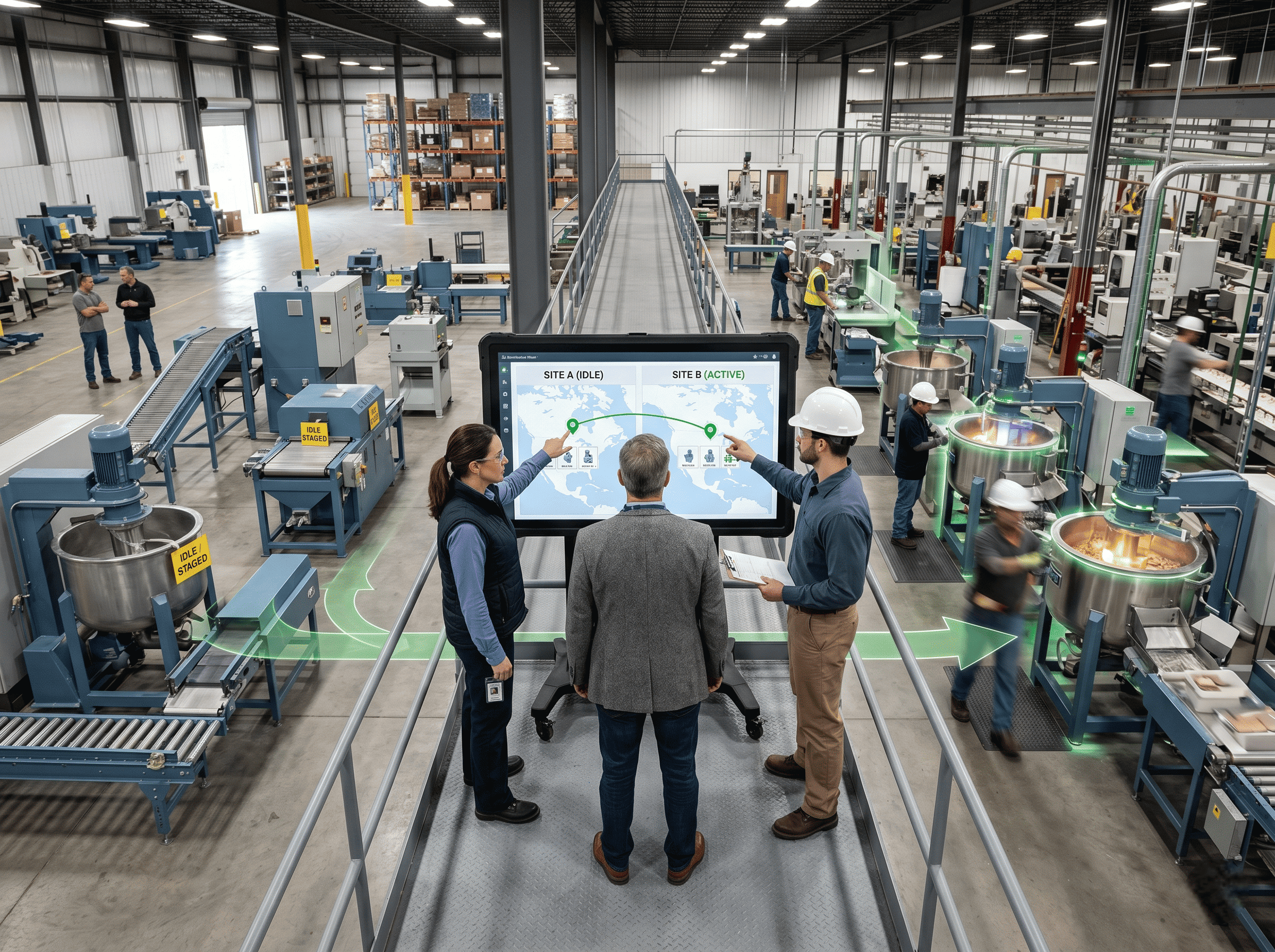 Team reviewing internal asset redeployment opportunities on a digital dashboard inside a manufacturing facility.