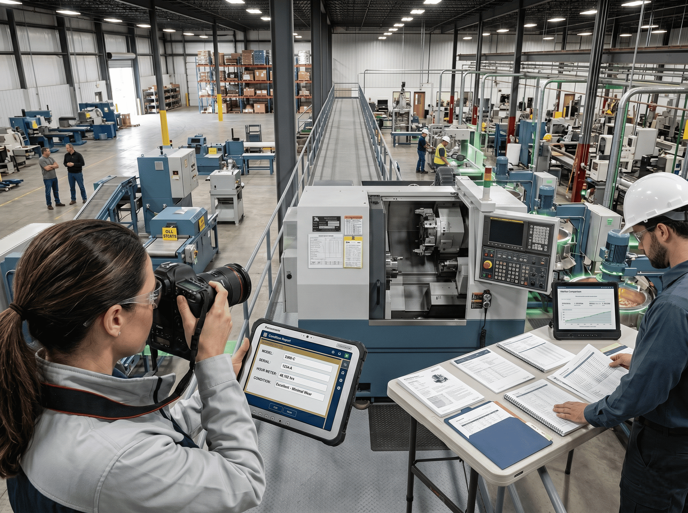 Equipment valuation team documents a CNC machine with photos, condition notes, asset records, and market comparison data inside an active manufacturing facility.