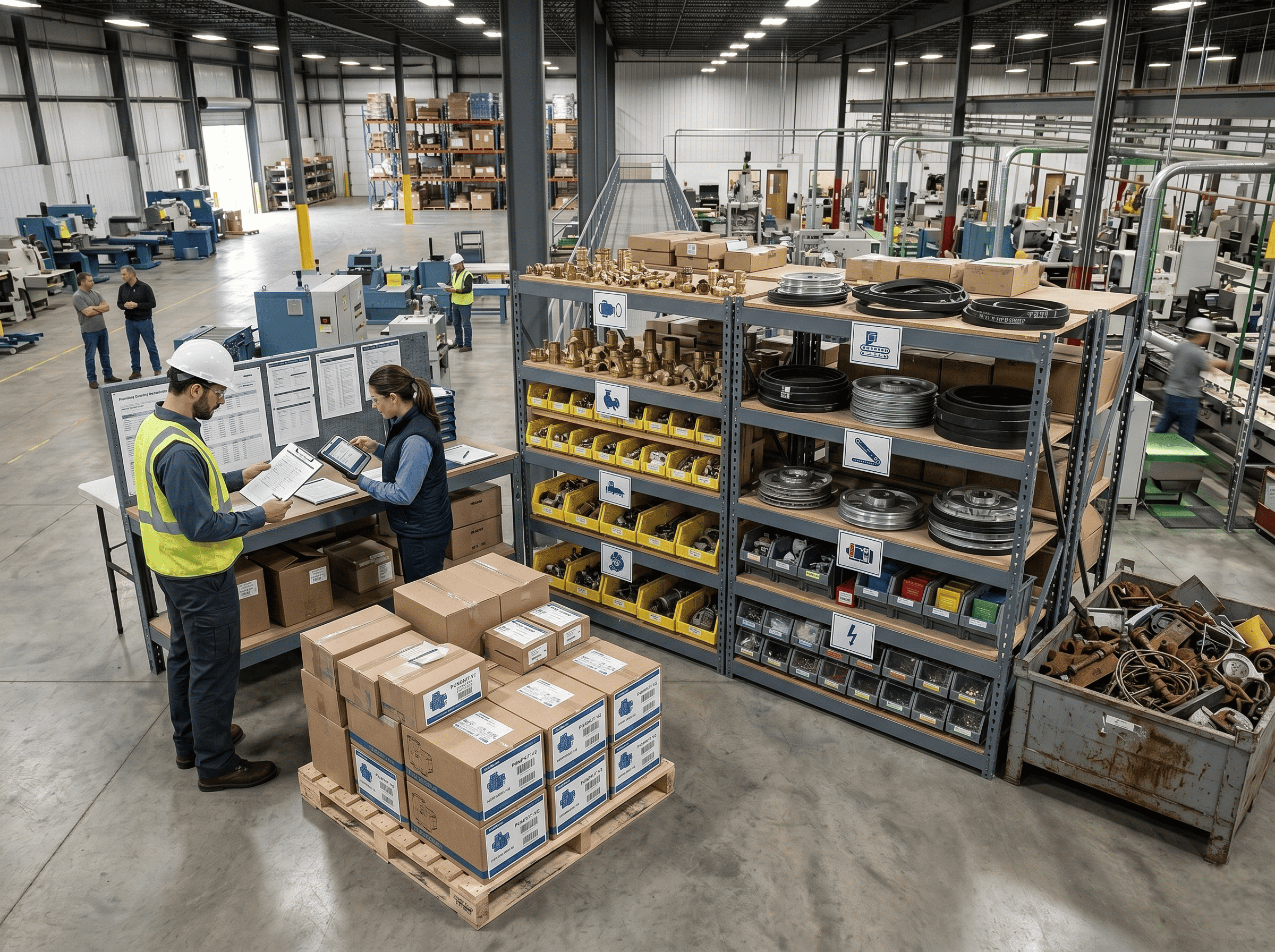 Manufacturing team groups surplus parts, boxed inventory, and low-value equipment into job lots for tracking, resale, or disposal.