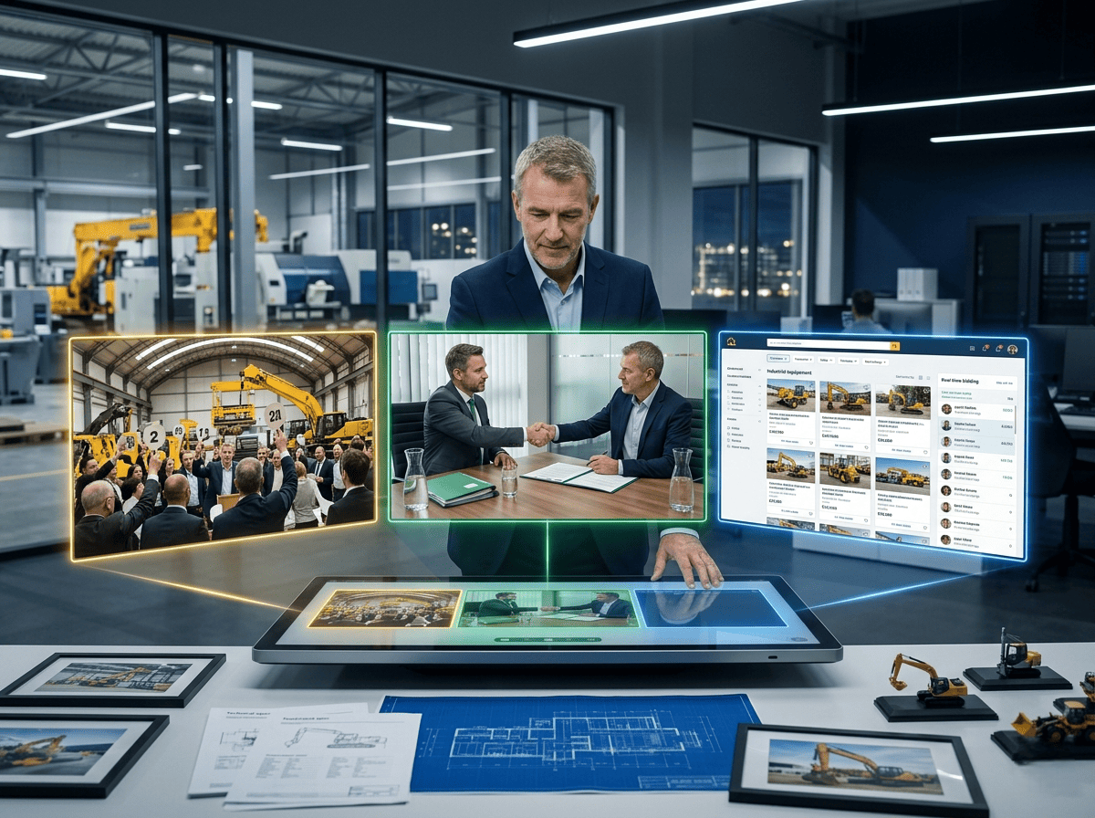 Industrial asset manager compares auction, direct sale, and online marketplace channels on a digital platform to choose the best sales route for surplus equipment.