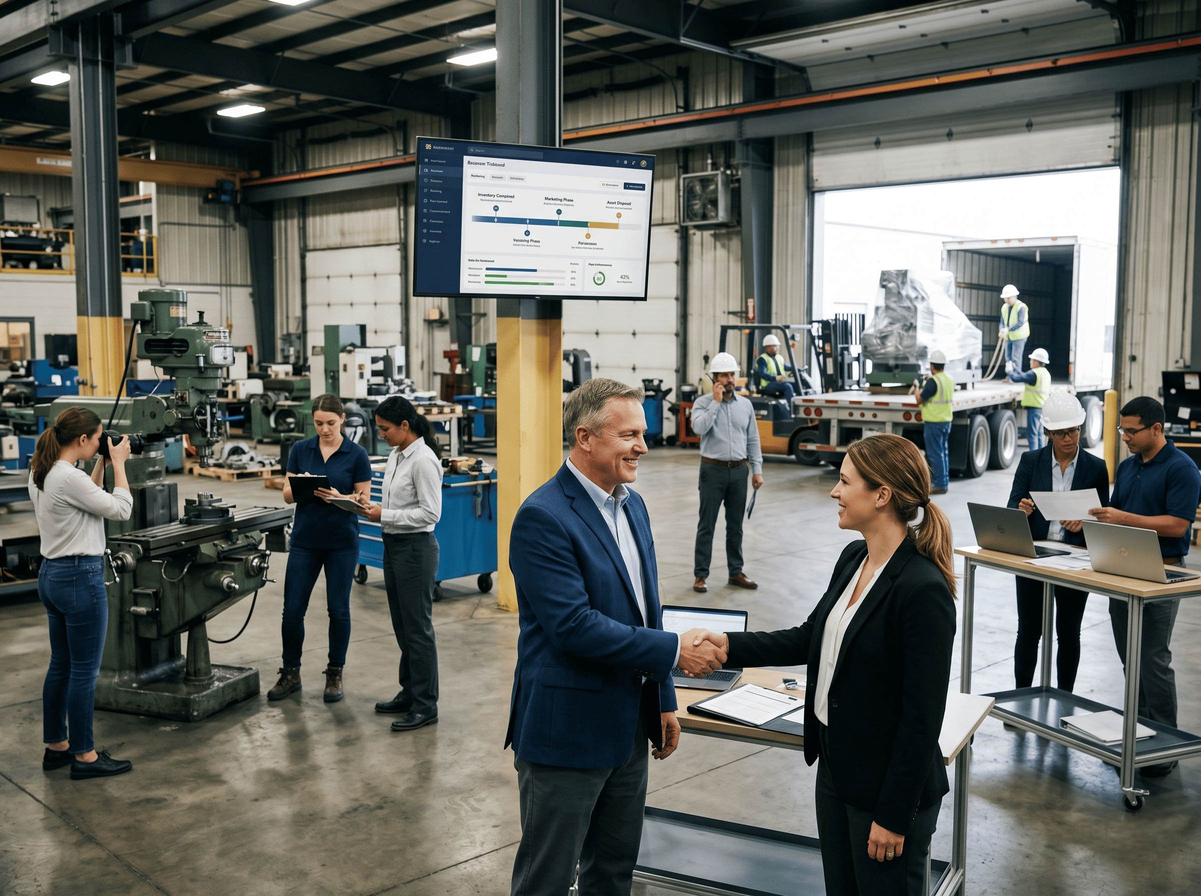 Asset recovery firm partners with a manufacturer to document surplus equipment, manage recovery tracking, and coordinate equipment removal inside an industrial facility.