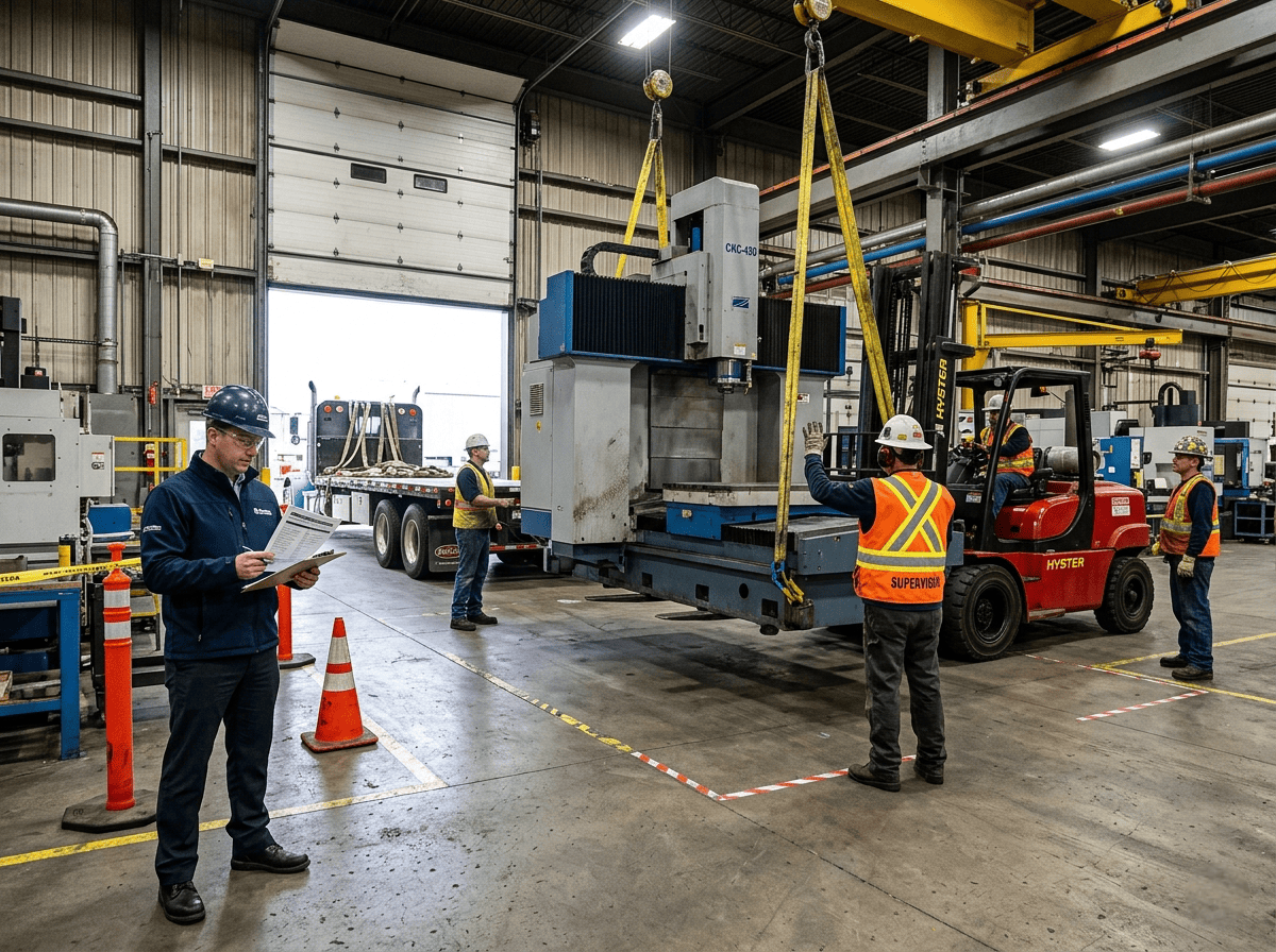 Industrial rigging crew lifts and loads a large CNC machine onto a truck as part of buyer-managed equipment removal from a manufacturing facility.