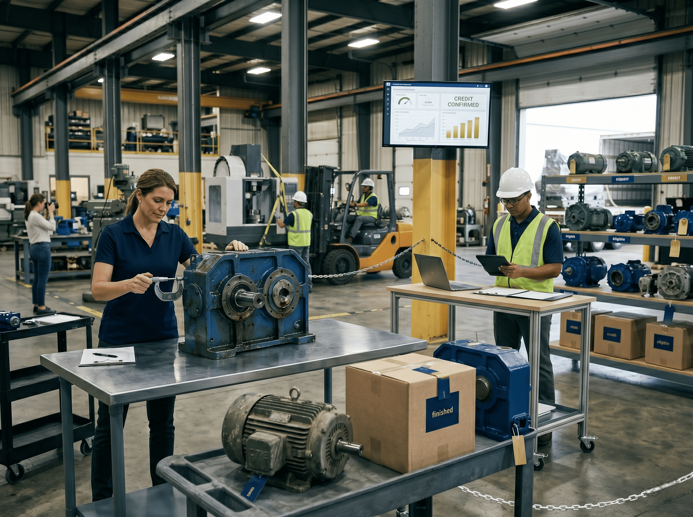 Manufacturing team evaluates motors, gearboxes, and spare parts for OEM exchange, buyback credits, and recovery value before disposal.