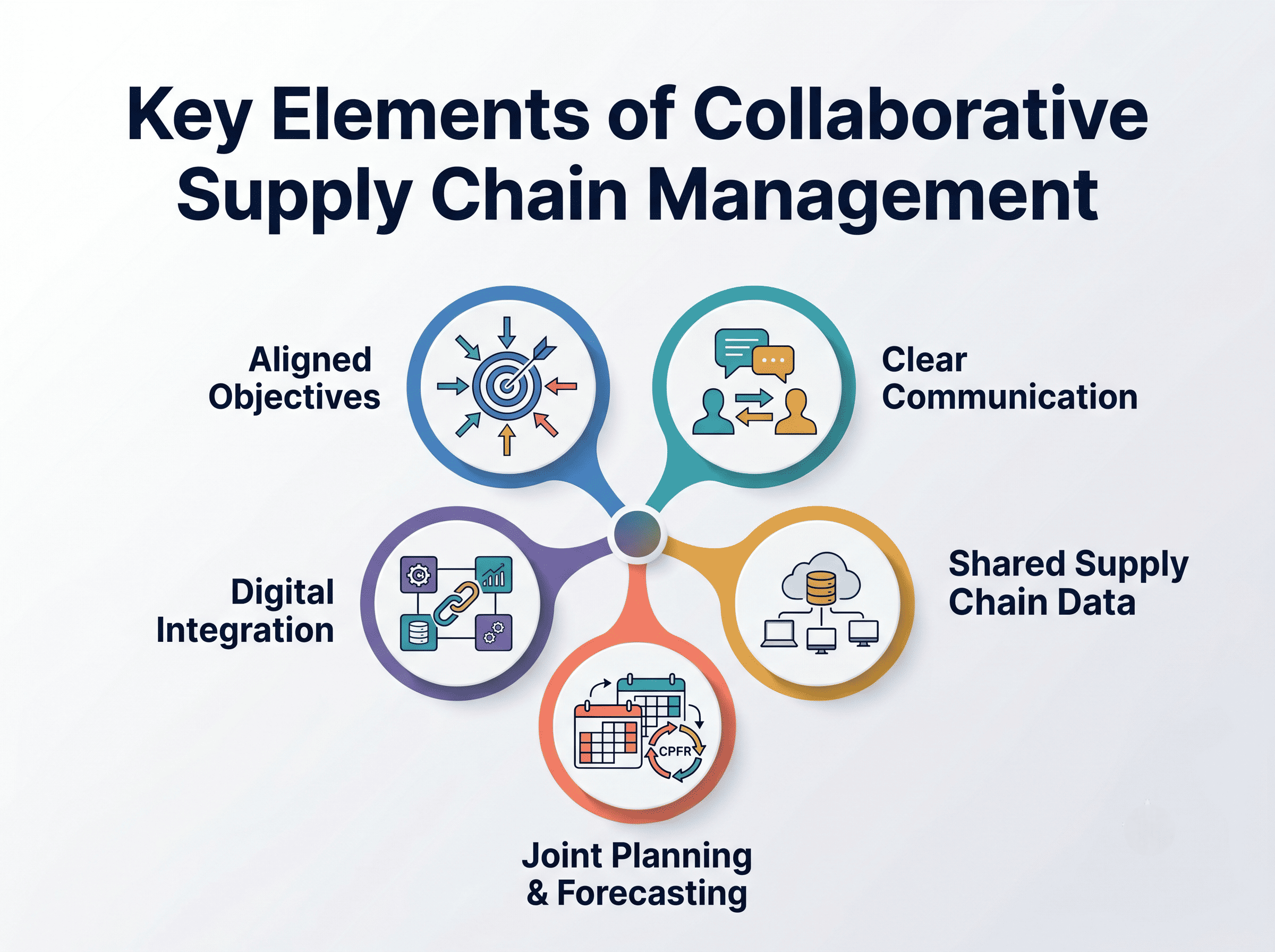 Collaborative supply chain management key elements infographic showing aligned objectives, communication, shared data, digital integration, and joint planning.
