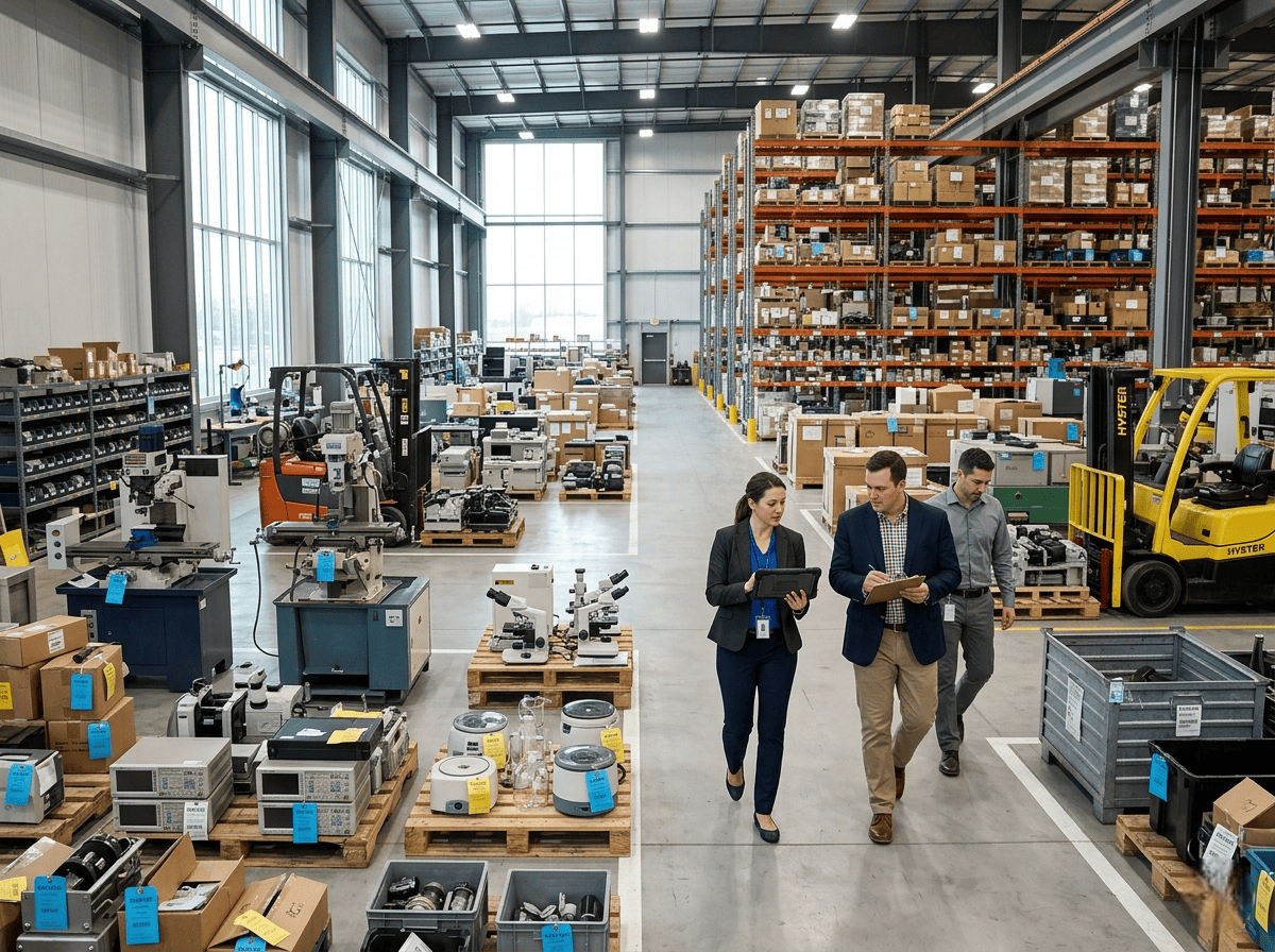 A warehouse inventory management team reviewing surplus industrial equipment and boxed inventory in a large storage facility.